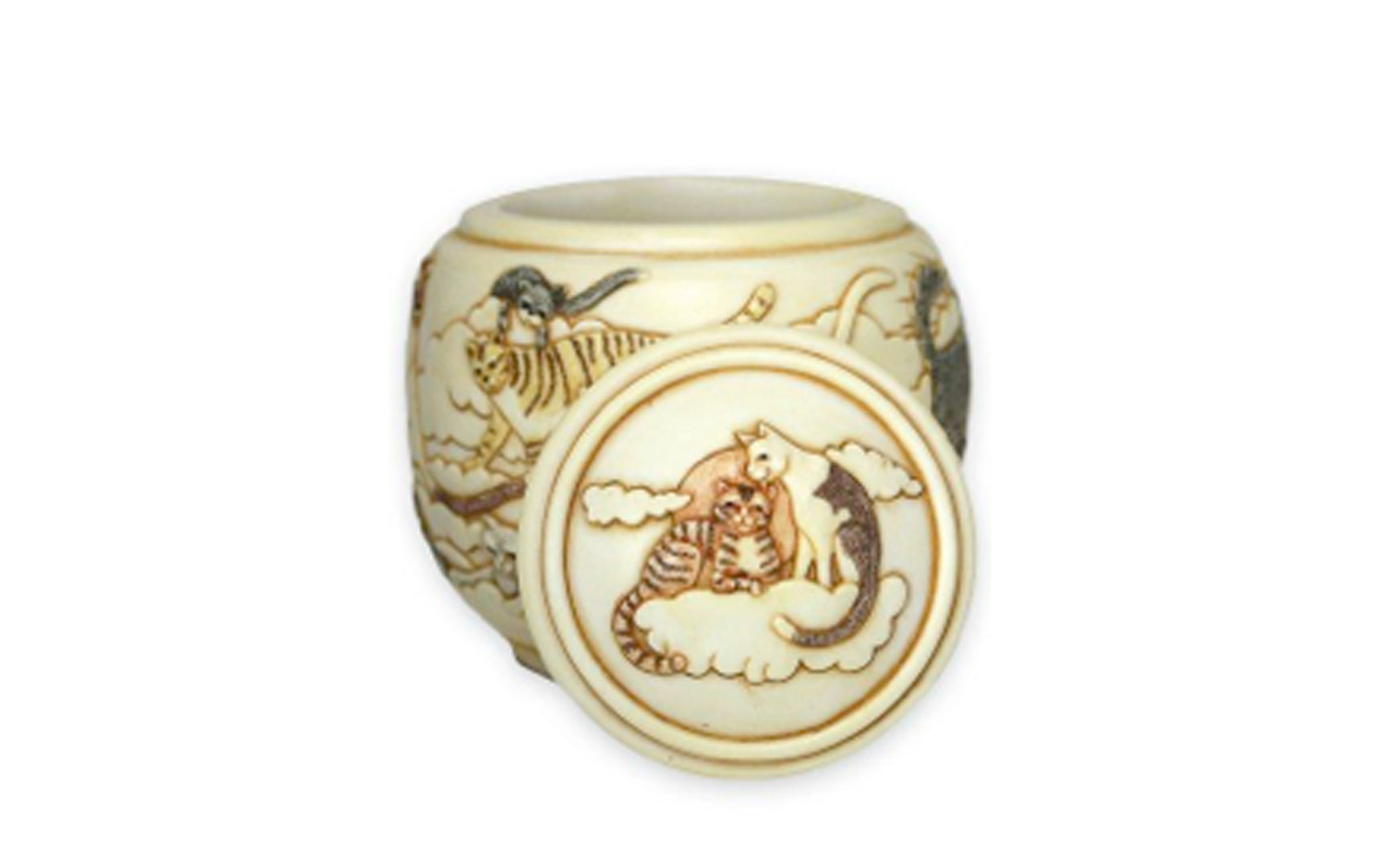 Cats on High Pet Urn This urn displays the beauty of our beloved cats who have passed and their gracefulness in the peacefulness of the sky, clouds, and sun. This urn measures 4 ½” L x 4 ½” W x 4 ¼” H, 20 Cu. Inches, up to 20 lbs. $110 *Please Note: Each piece is uniquely made by its Artist resulting in different colors and weight