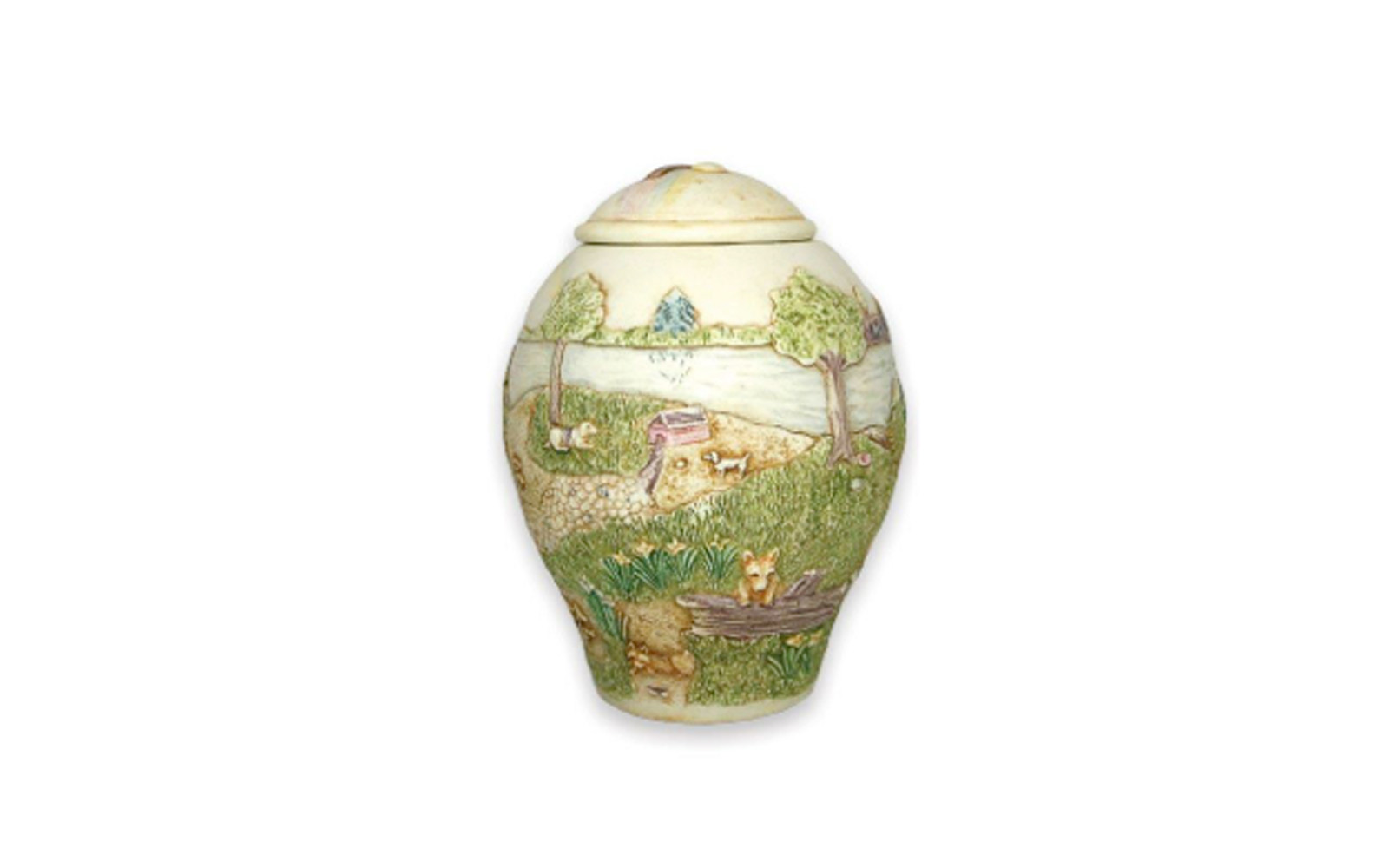 Heaven’s Happy Meadow Small Dog Hand crafted based upon the popular poem “The Rainbow Bridge” this urn displays peace and happiness. This urn measures, 20 Cu. Inches, up to 20 lbs. $110 *Please Note: Each piece is uniquely made by its Artist resulting in different colors and weight