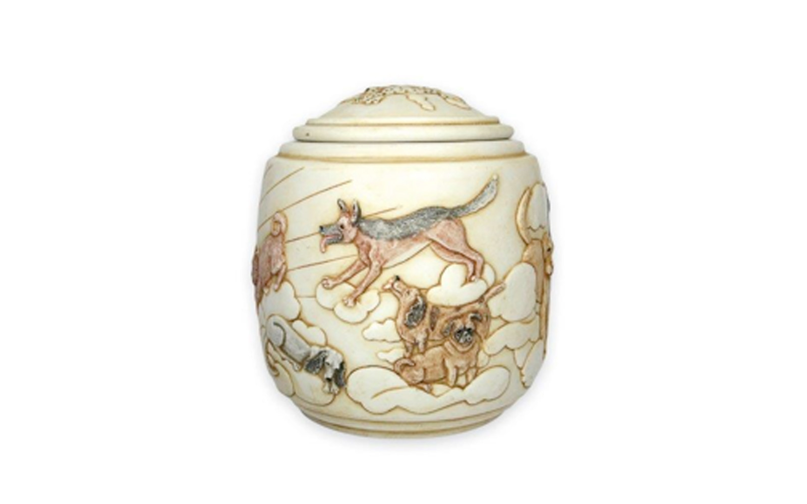 Eternal Sunshine This urn displays the beauty of our beloved dogs who have passed and their gracefulness in the peacefulness of the sky, clouds, and sun. This urn measures 5 ½” L x 5 ½” W x 5 ½”H, 42 Cu. Inches, up to 42 lbs. $120 *Please Note: Each piece is uniquely made by its Artist resulting in different colors and weight