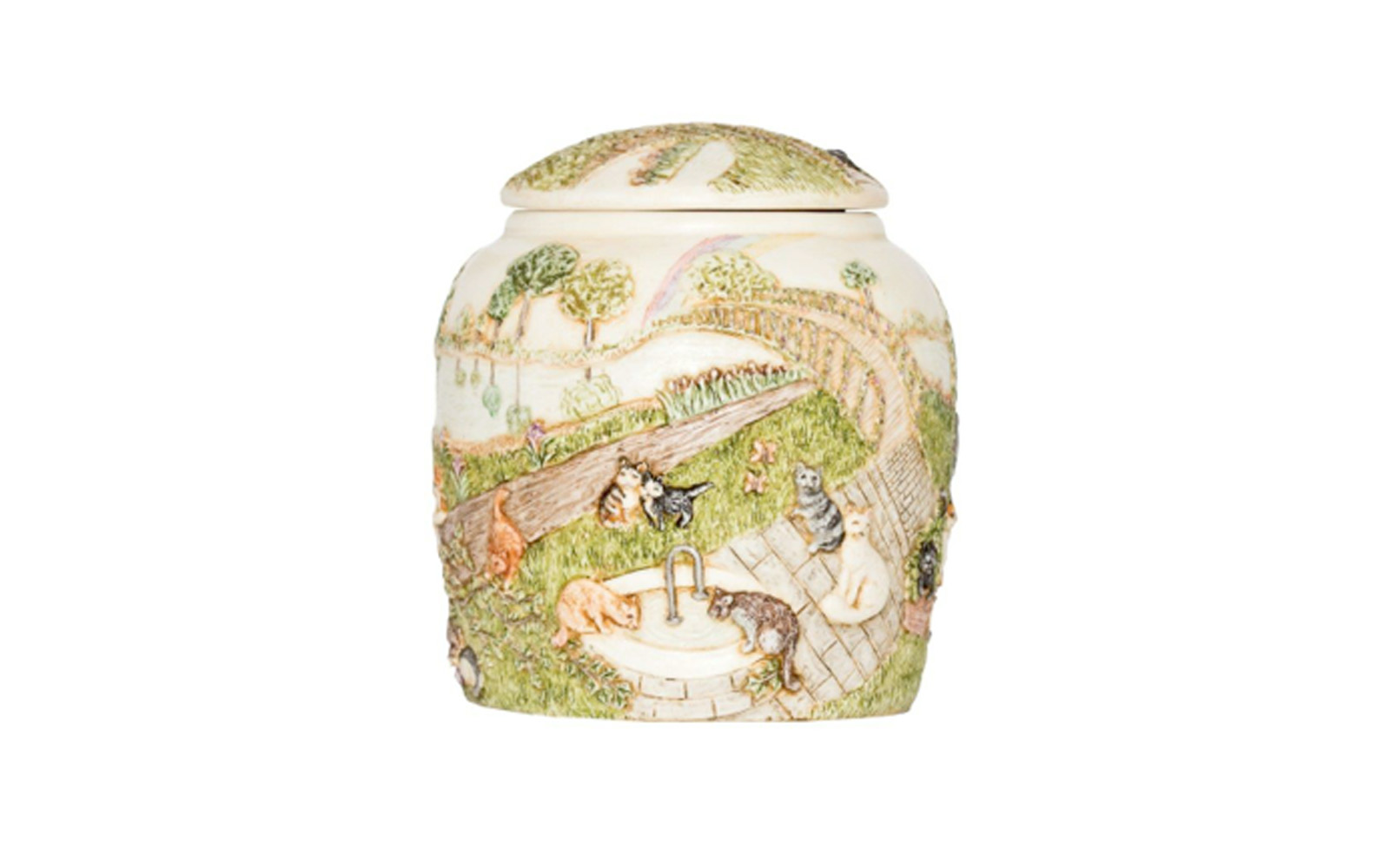 Heaven’s Happy Meadow Cat Urn Hand crafted based upon the popular poem “The Rainbow Bridge” this urn displays peace and happiness. This urn measures 3 ¾” L x 3 ¾” W x 4” H, 14 Cu. Inches, up to 14 lbs. $105 *Please Note: Each piece is uniquely made by its Artist resulting in different colors and weight