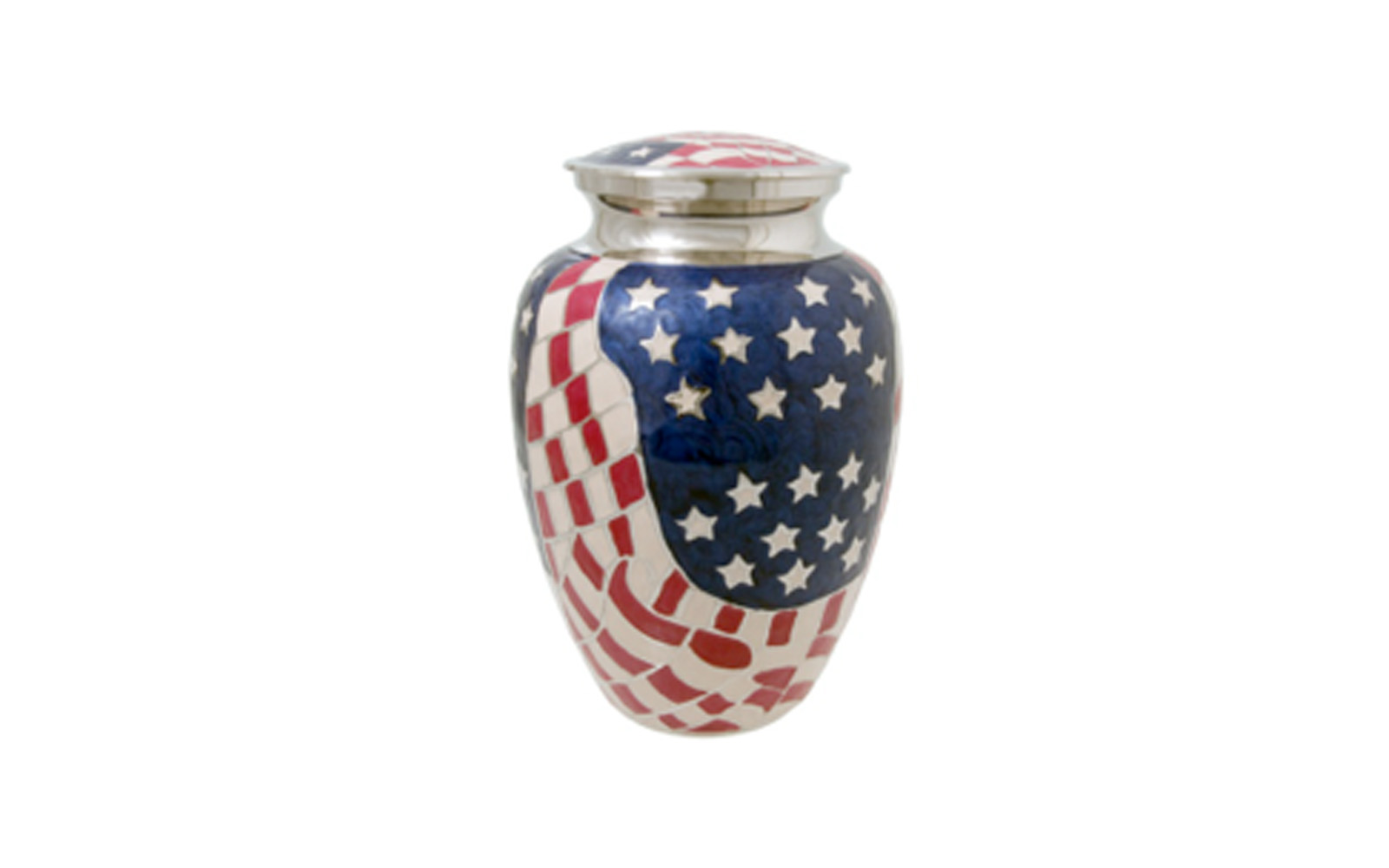 American Flag Urn Made of Solid Brass, this patriotic urn measures 6" W x 10.5" H, holding 200 Cu. Inches, up to 200 lbs. $105
