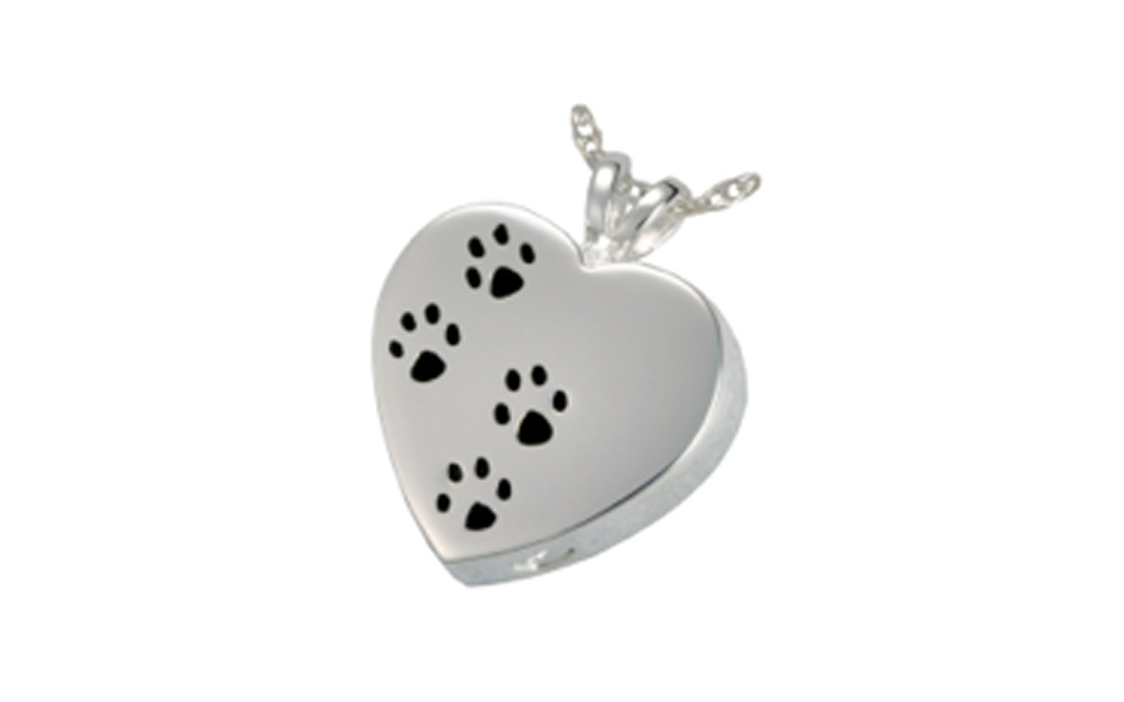 Paw Prints On My Heart This pendant is made of Sterling Silver and measures 1" H x 3/4" W. It has a screw at the bottom and is designed to hold cremated remains or hair clippings. Cost of engraving is not included . $130