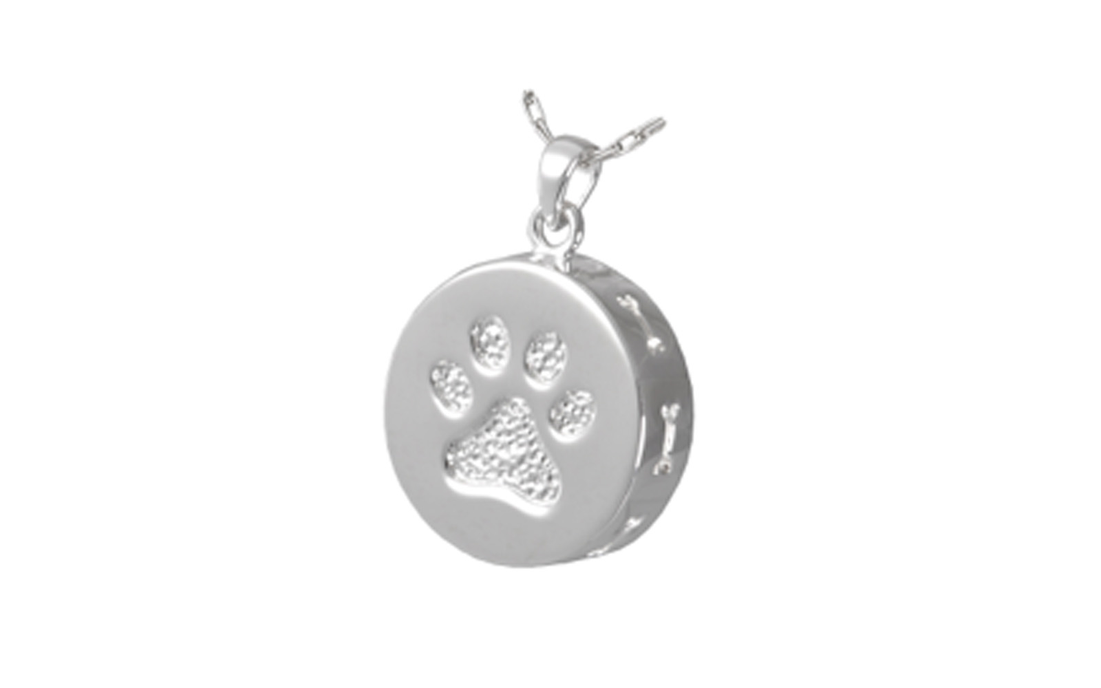 Paw Print and Bones Urn Pendant This Sterling Silver pendant has a back screw and is designed to allow you to hold cremated remains or fur clippings. This pendant measures 3/4" H x 3/4" W. Cost for engraving is not included. $130