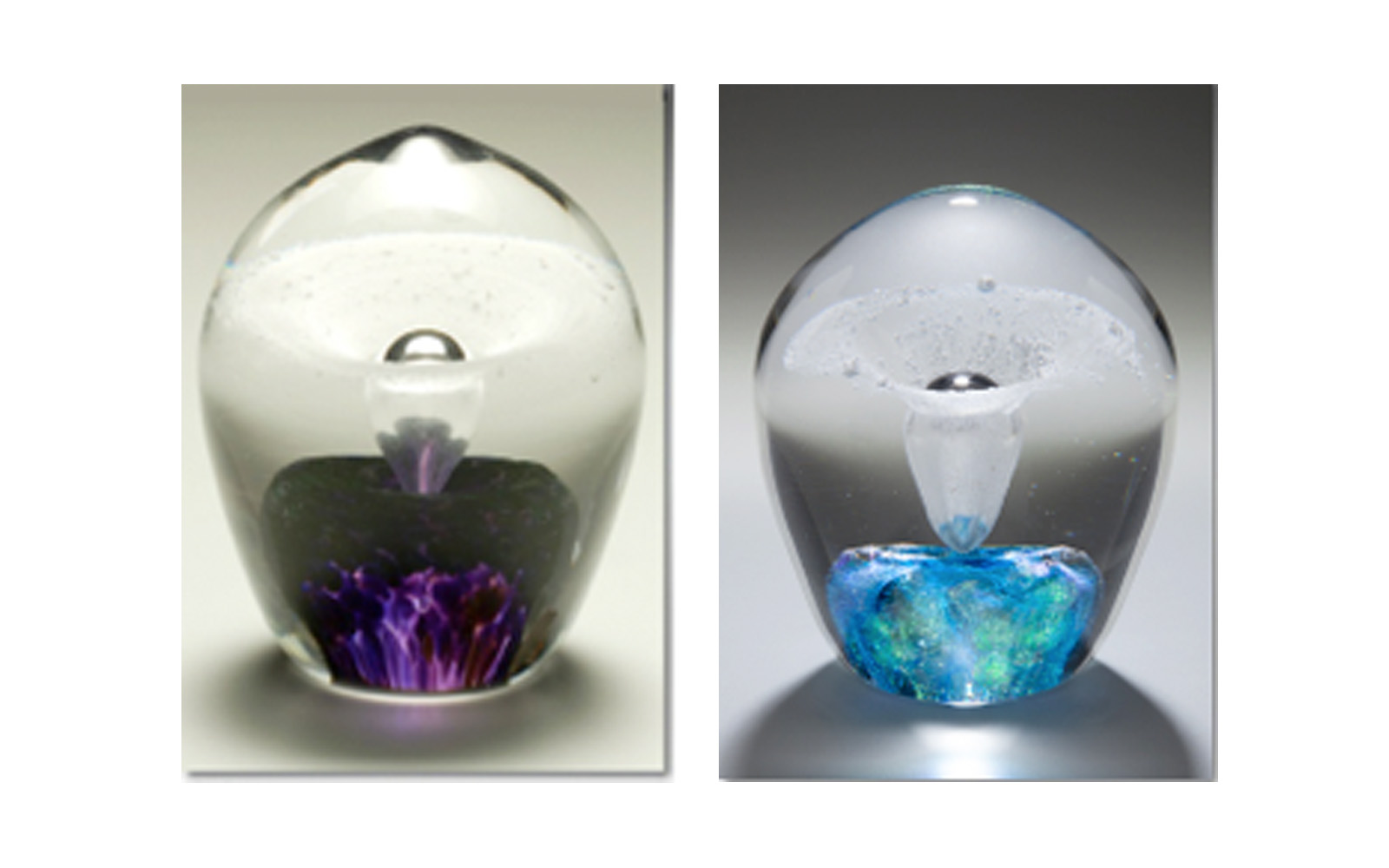 Enduring Fountain Hand blown sculpted glass and signed by the artist. This attractive piece is available in 4" or 5.5" high. Both sizes turn your loved one’s cremated remains into a Fountain that rises above your chosen color base. This keepsake comes in Blue, Pink, Yellow, Green, Purple, and Red colors. Small: $210 Large: $290 Iridescent Upgrade is available Small: $290 Large: $380 