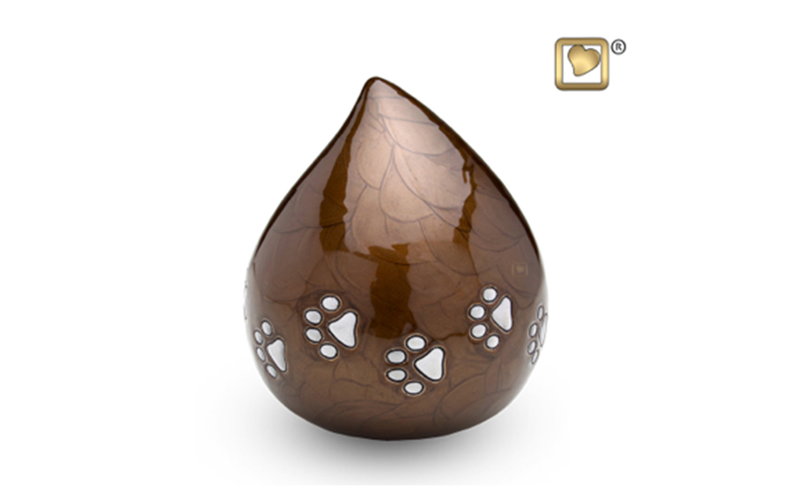 Love Drop Urn Made of Alloy, comes in Bronze (shown), Pearl, and Black, measuring 6” high, 60 Cu. inches, up to 55 lbs., $125