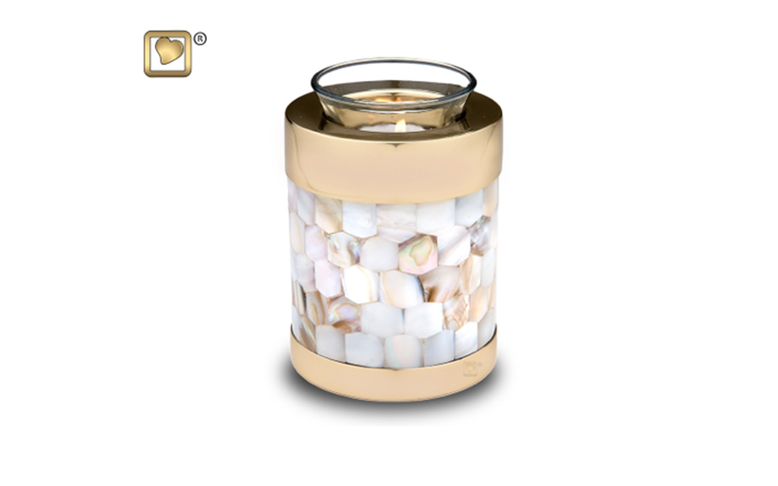 Tealight Mother Of Pearl Urn Made of Solid Brass with a Polished Finish, Mother of Pearl Hand Cut, measuring 5” high, 18 Cu. inches, up to 13 lbs. Glass Insert included, Candle not included, $98