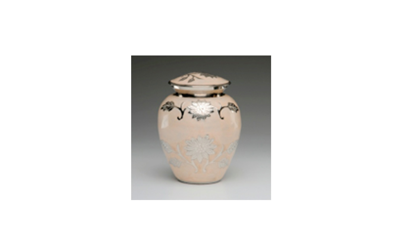 Flowered Peach Colored Urn This elegant urn is made of a Peach Colored Enamel over Nickel Plated Brass. It has a Hand-Tooled Flower Design, Threaded Lid, and a Felt-Lined Base. Comes in Large, Small, and Keepsake (see keepsakes) sizes. Large: Measures 6" D x 10" H, 200 Cu. Inches, up to 195 lbs., $130 Small: Measures 5" H, 40 Cu. Inches, up to 35 lbs., $74