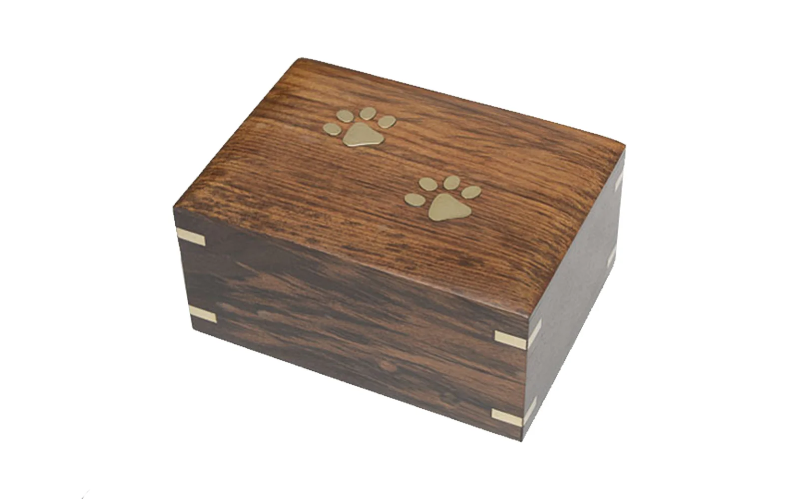 Brass Paw This wooden urn comes with beautiful hand inlaid brass accents and opens from the bottom. Measures: 7.25"L x 5.4"D x 3.75"H, 70 Cu. Inches, up to 70 lbs., $115
