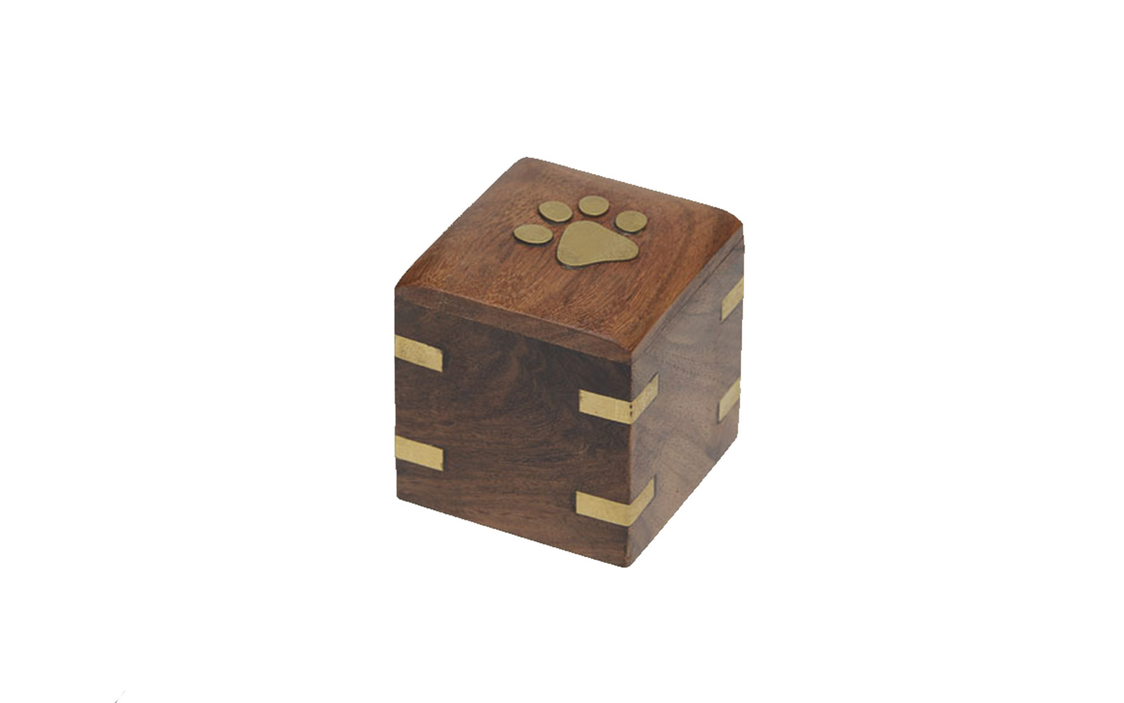 Brass Paw Mini Keepsake This wooden urn comes with beautiful hand inlaid brass accents and opens from the bottom. Measures: 2"L x 2"D x 2"H, 1.5 Cu. Inches, up to 1.5 lbs., $35