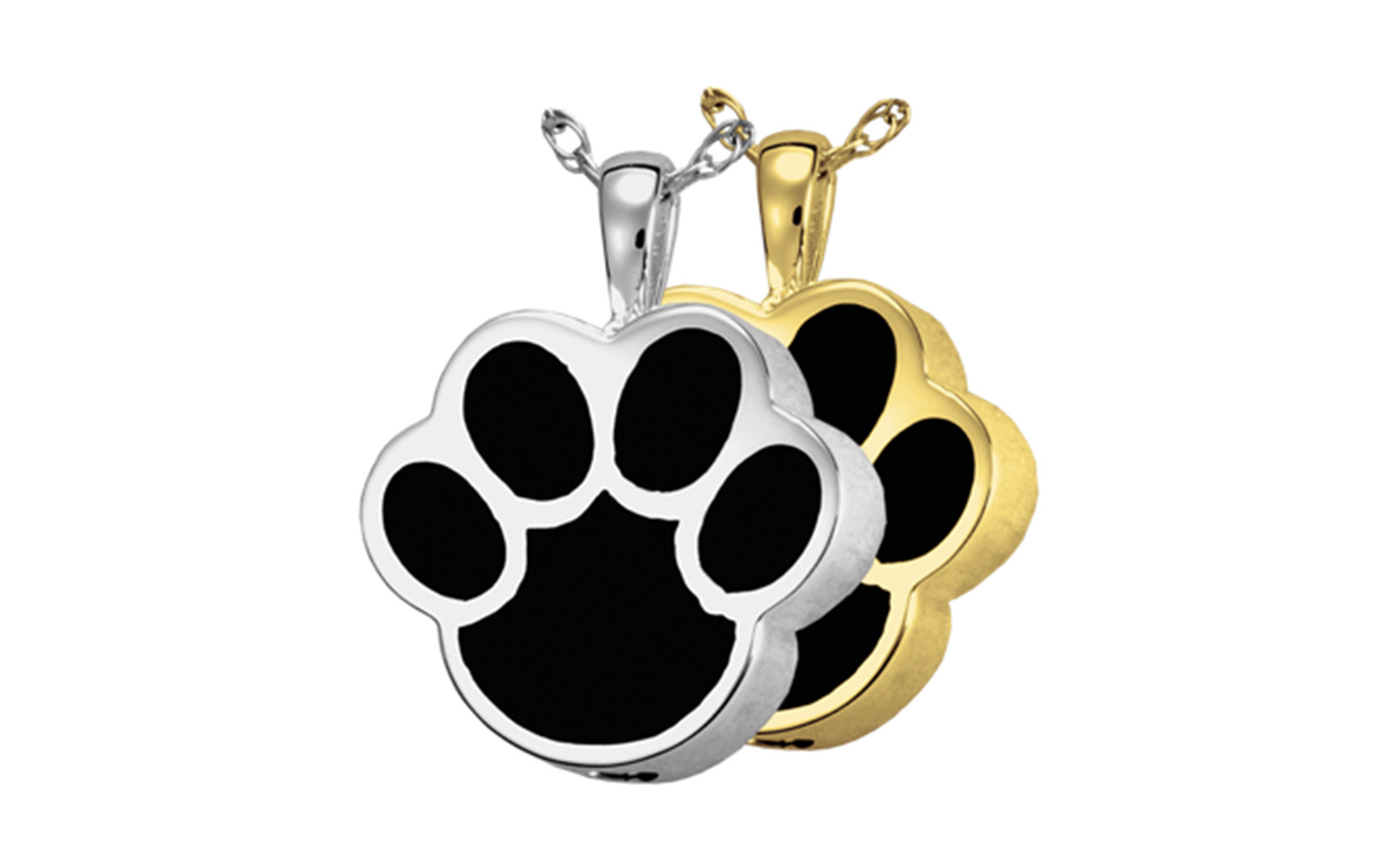 Paw Shaped Urn Pendant with Black Inlay This pendant measures 7/8"H x 6/8"W (including the bail) and comes in both Sterling Silver or Gold Plated. Has a threaded opening at the bottom to fill with ashes or hair of your beloved pet. Sterling Silver: $185 14K Gold Plated: $210