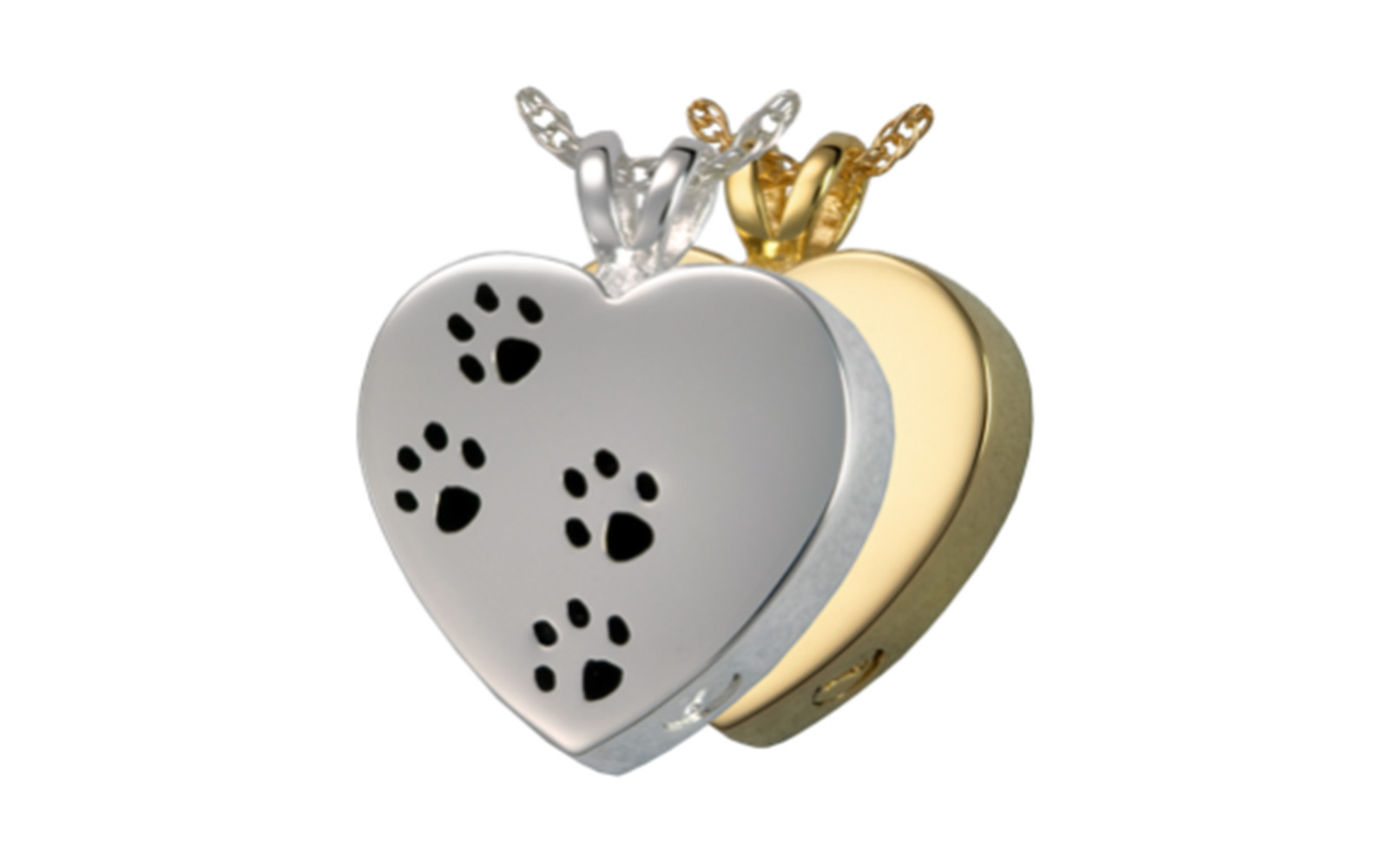 Paw Prints on My Heart Urn Pendant This pendant comes in both stainless steel and 14k gold plated measuring 1"H x 3/4"W with an 18" stainless steel or 14k gold plated chain. It has a threaded opening at the bottom to fill with ashes or hair of your beloved pet. Stainless Steel: $75 14K Gold Plated: $150