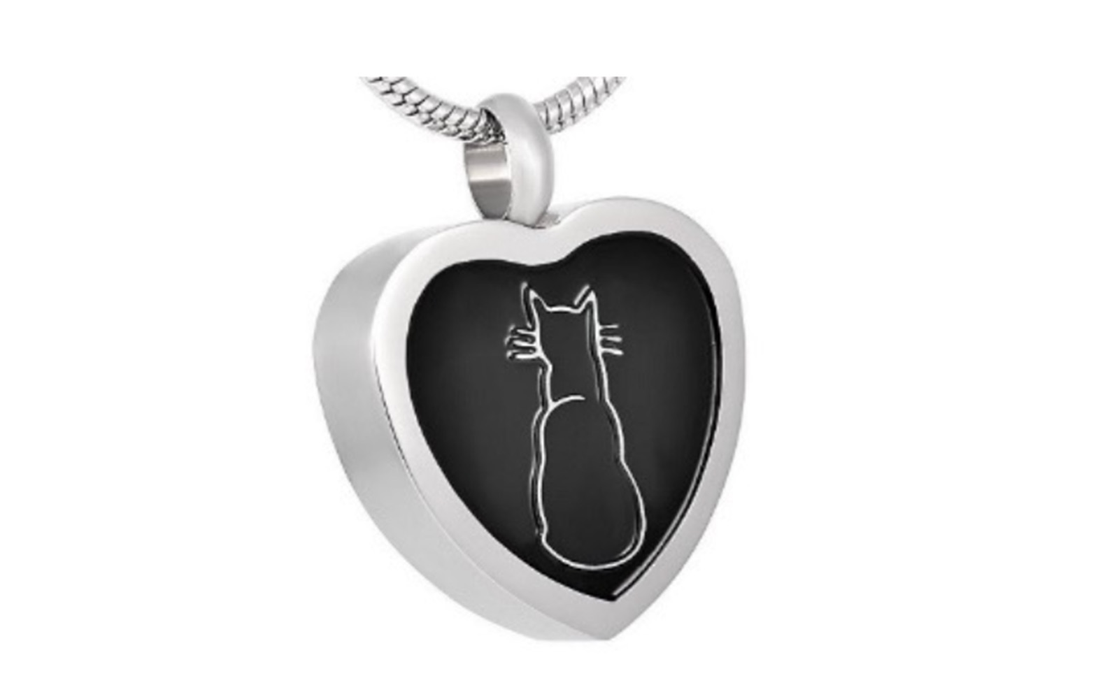My Cat Has My Heart Urn Pendant w/Chain Made of stainless steel this pendant measures 1-1/4"H x 3/4"W and comes with an 18" stainless steel rope chain. It has a threaded bail to fill with ashes or hair of your beloved pet. $75