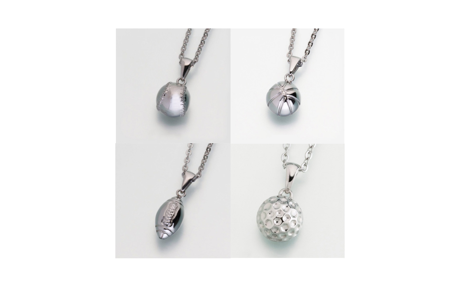 Stainless Steel Baseball, Basketball, Football and Golfball w/Chain Urn Pendants These pendants all come with a 24" box stainless steel chain. Both the baseball, basketball and golfball measure 1/2"H x 1/2"W and the football measures 5/8"H x 3/8"W. They all have a threaded opening in the back to fill with ashes or hair of your beloved pet. $215