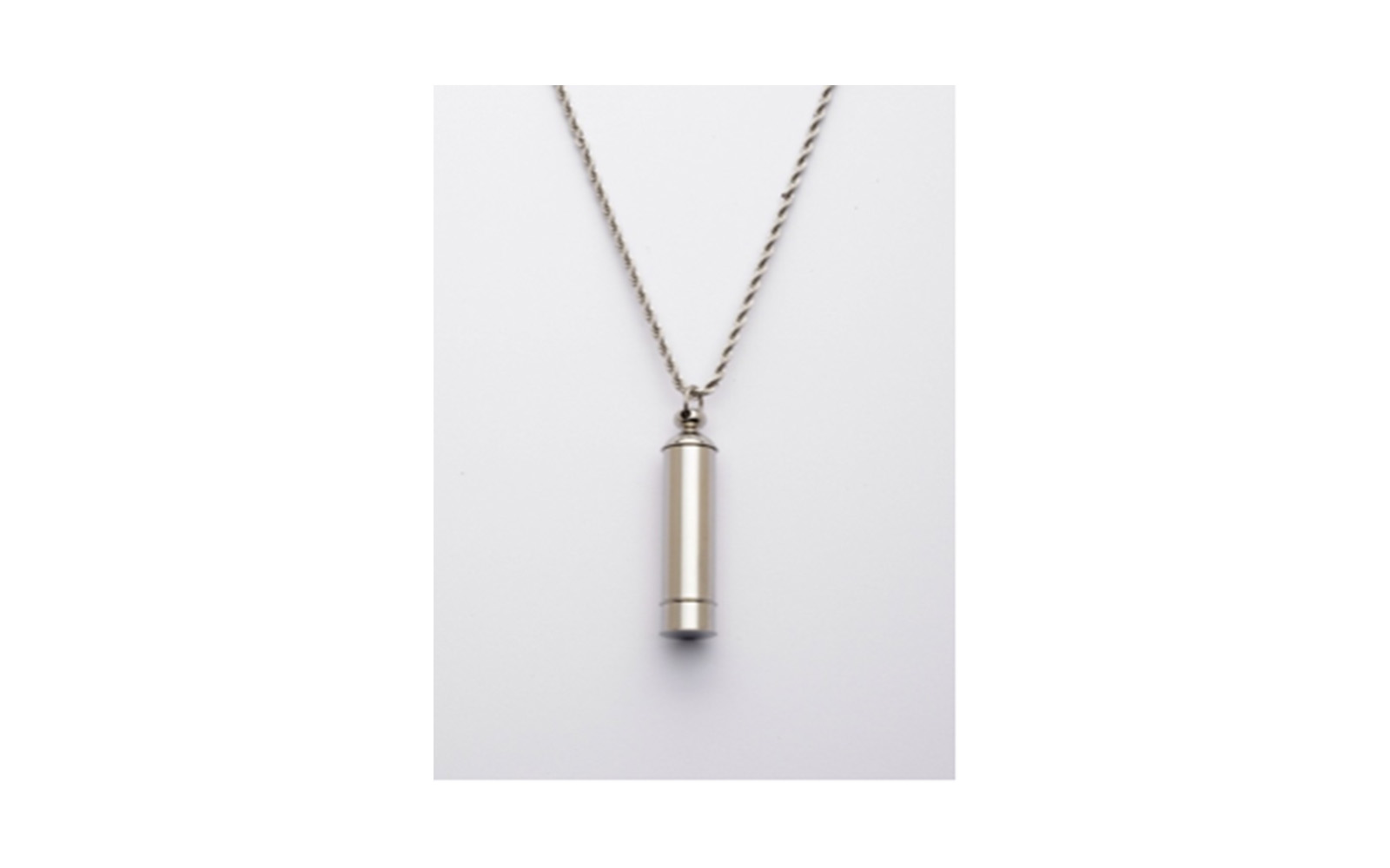 Stainless Steel Long Cylinder Urn Pendant w/Chain This pendant measures 1-5/8"H x 3/8"W and comes with a stainless steel 24" chain. Has a threaded opening at the top and bottom to allow you to fill with ashes or hair of your beloved pet. $75