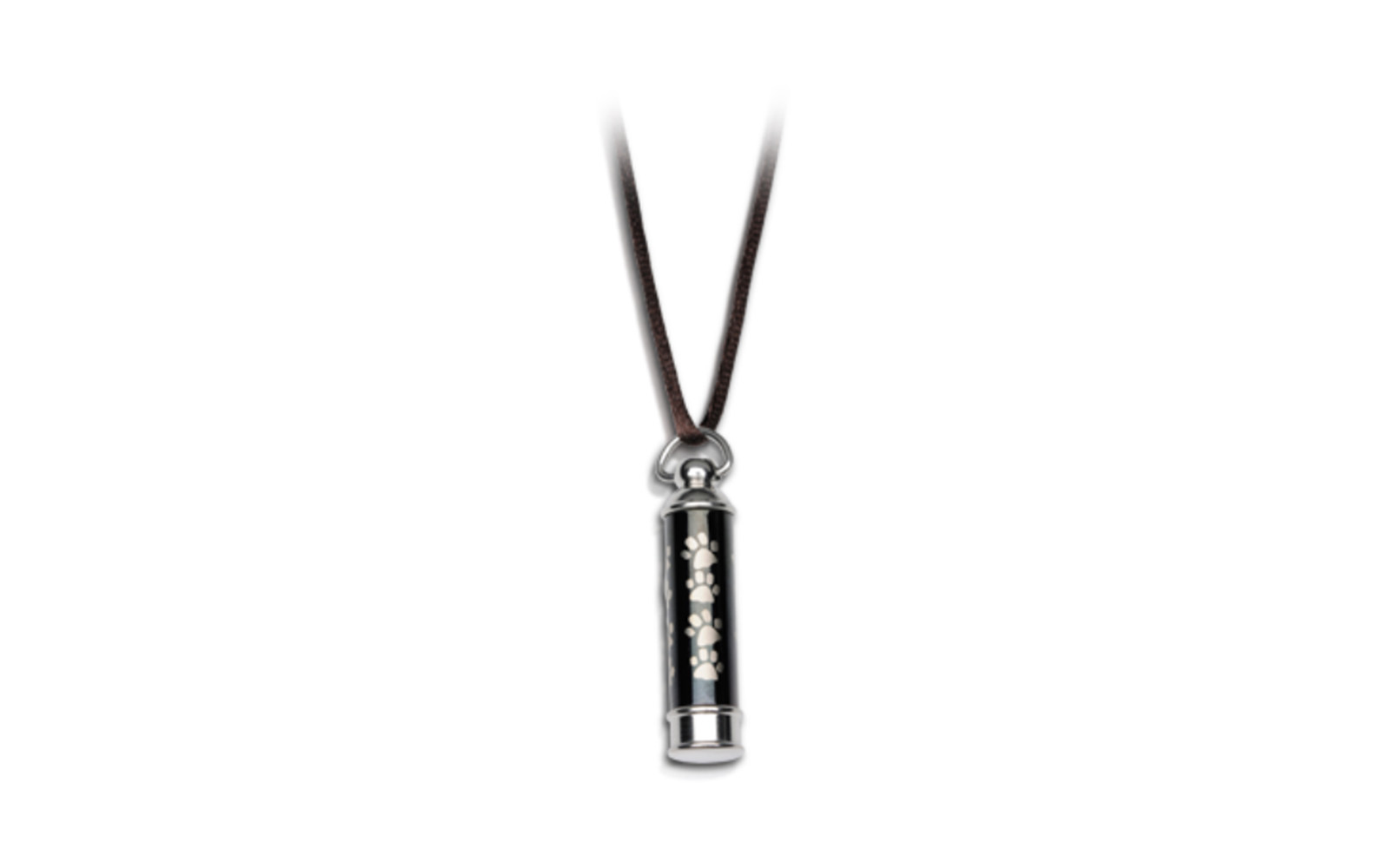 Stainless Steel Long Cylinder with Paws Urn Pendant w/Chain This pendant measures 1-5/8"H x 3/8"W and comes with a stainless steel 18" chain. Has a threaded opening at the top and bottom to allow you to fill with ashes or hair of your beloved pet. $75