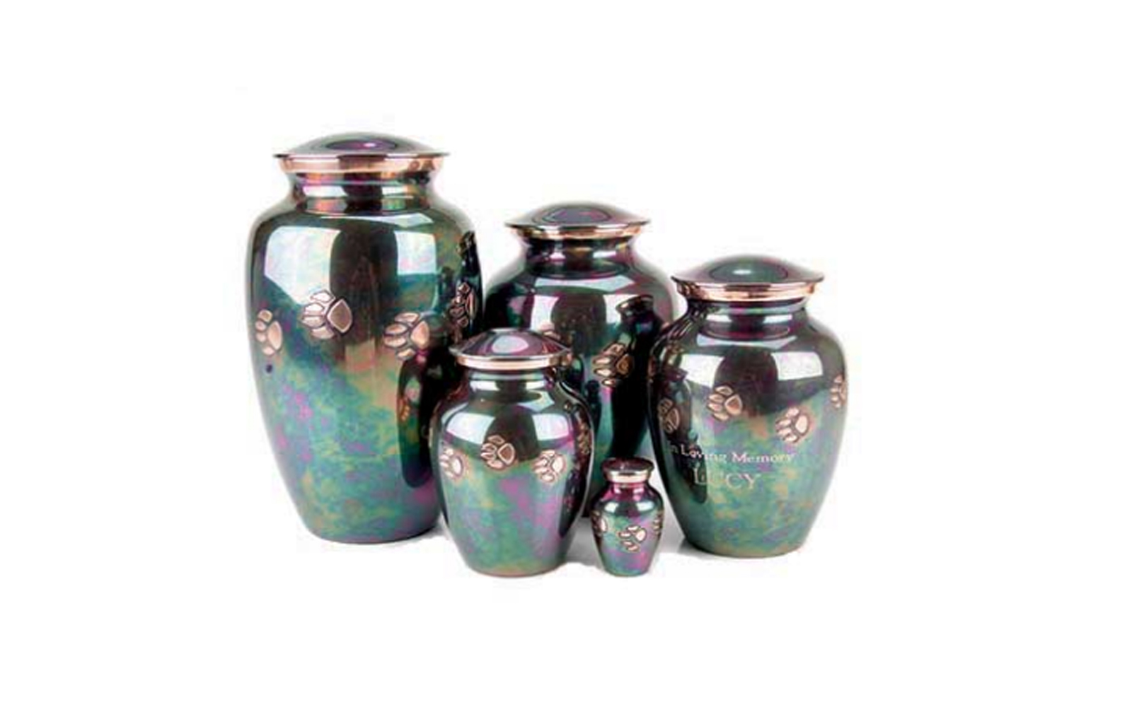 Rainbow Brass Pawprint Urn Made of solid brass with hand carved paws and a threaded screw-on lid, this urn comes in 5 sizes and all except the X Small can be engraved. Engraving is an additional $50. X Large: (160 Cu. Inches, Up to 160 lbs.) $175 Large: (110 Cu. Inches, Up to 110 lbs.) $155 Medium: (65 Cu. Inches, Up to 65 lbs.) $145 Small: (30 Cu. Inches, Up to 30 lbs.) $125 X Small: (3 Cu. Inches, Up to 3 lbs.) $55