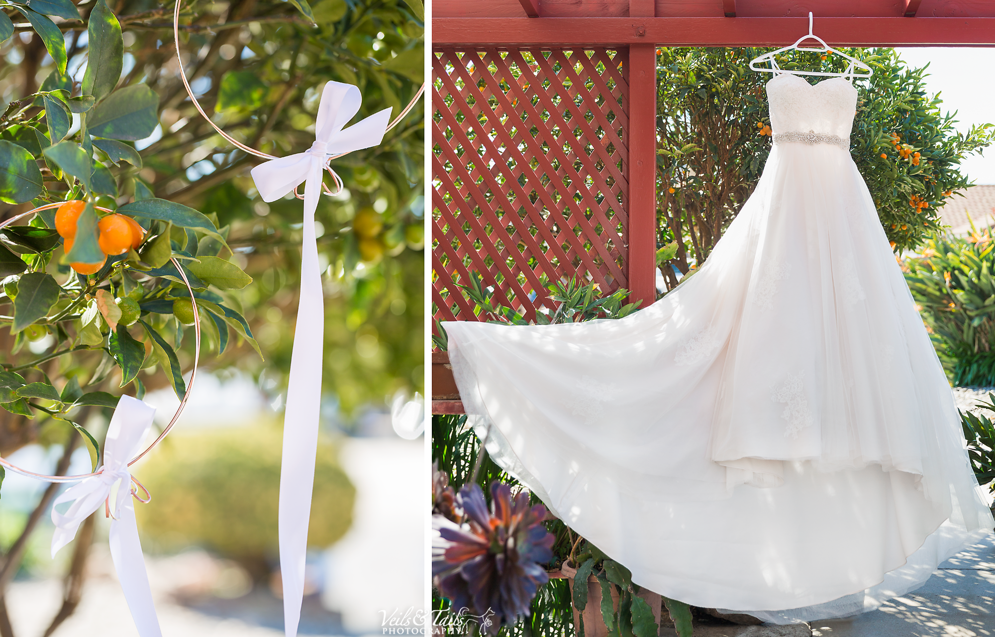 wedding dress hung up on gate with flowers