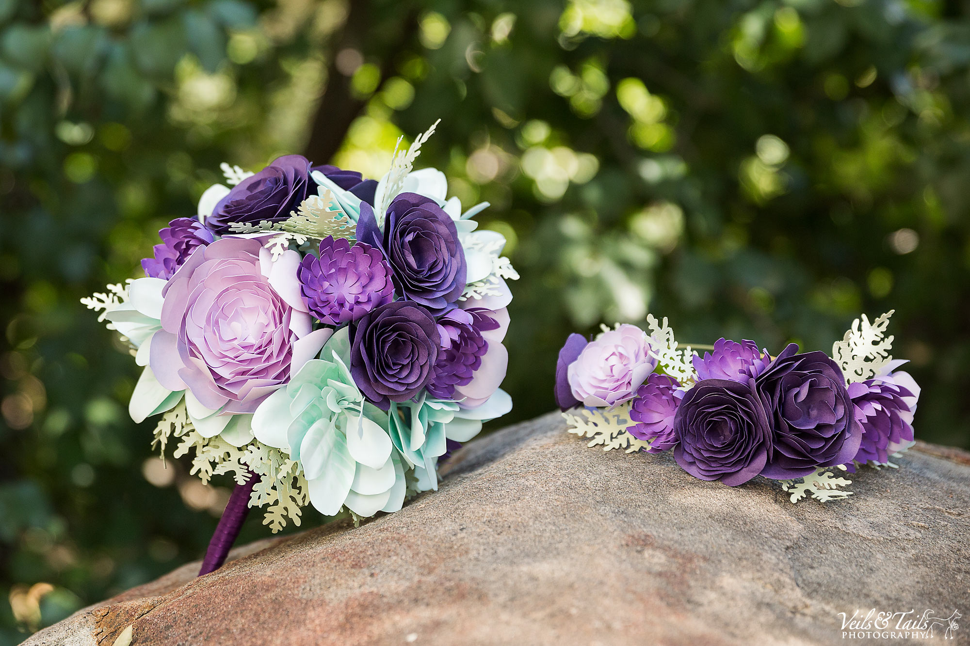 wedding florals with purples and light green