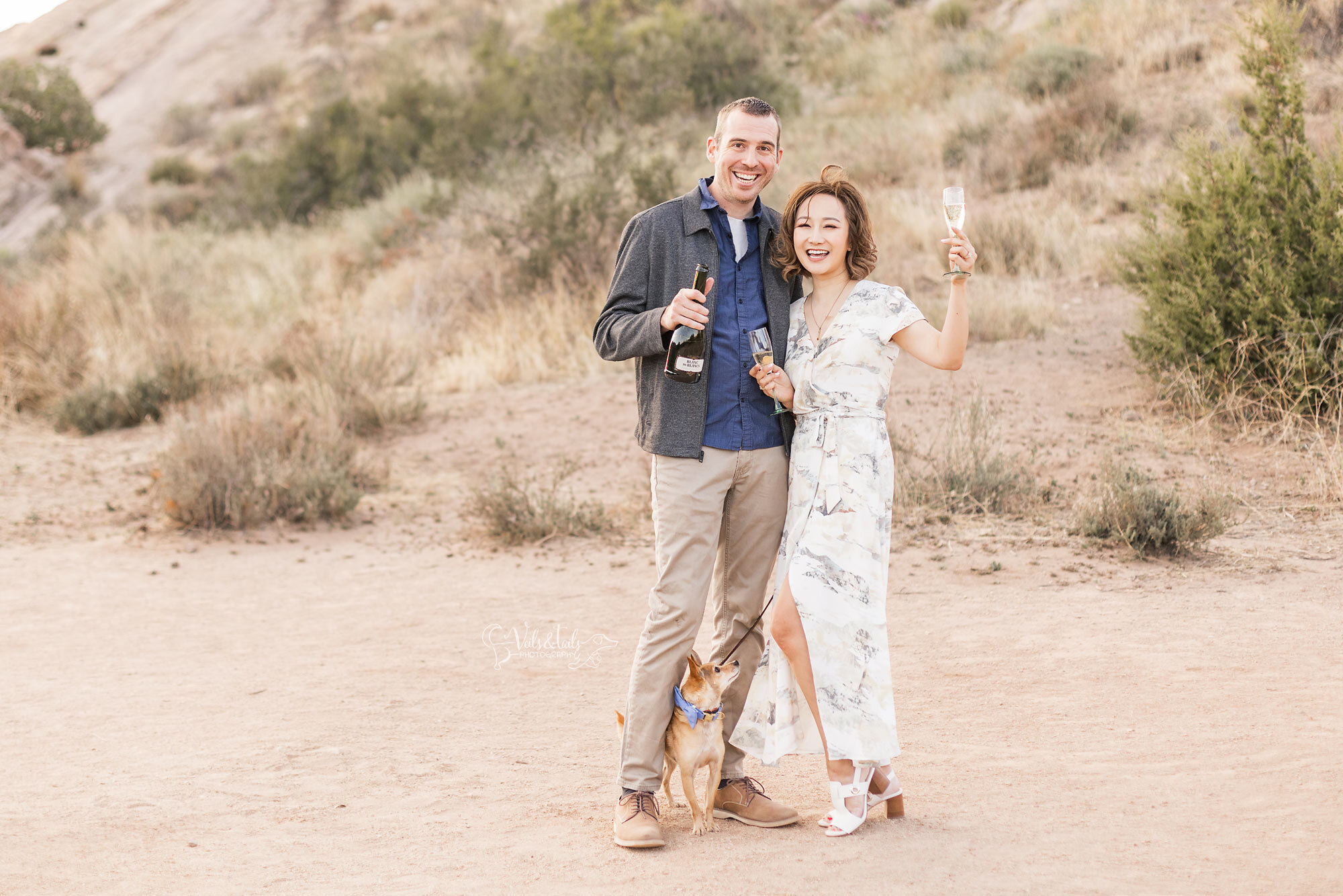 Vasquez Rocks engagement session with the dog and champagne, Veils &amp; Tails Photography