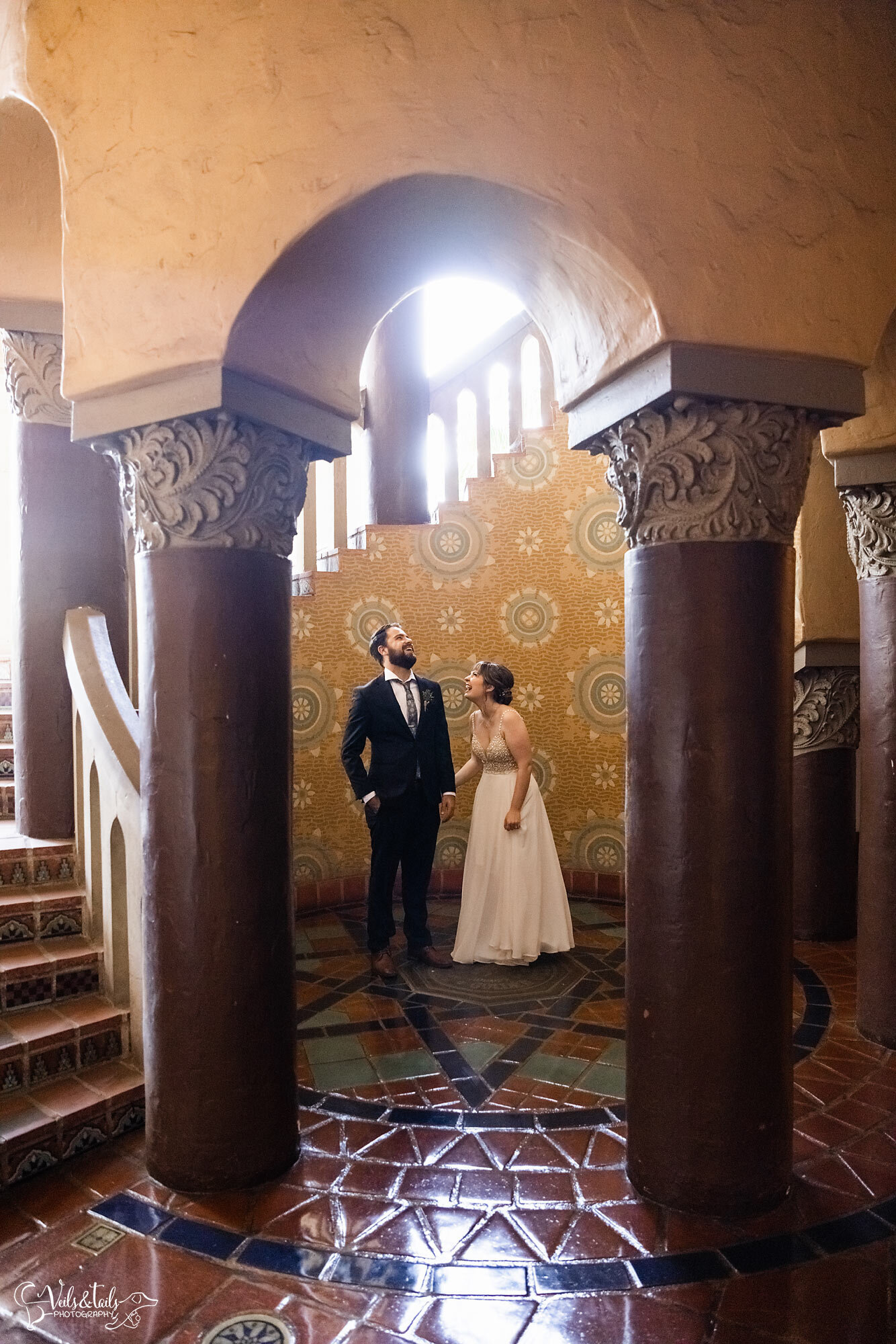 Santa Barbara Courthouse wedding photographer spiral stairway