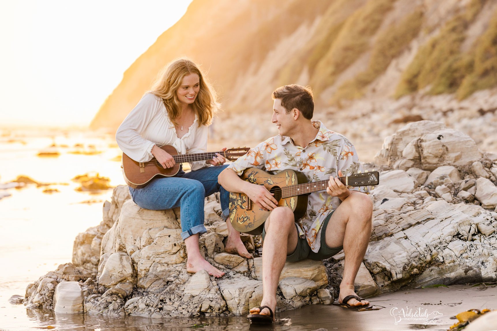 Santa Barbara photographer, beach sunset engagement session with guitars