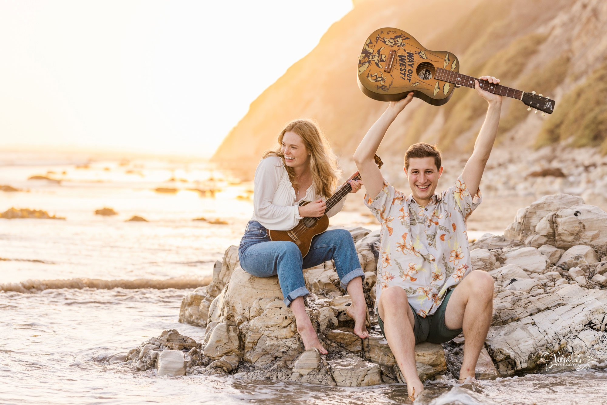 Santa Barbara photographer, Hendry's beach sunset engagement session, with guitars