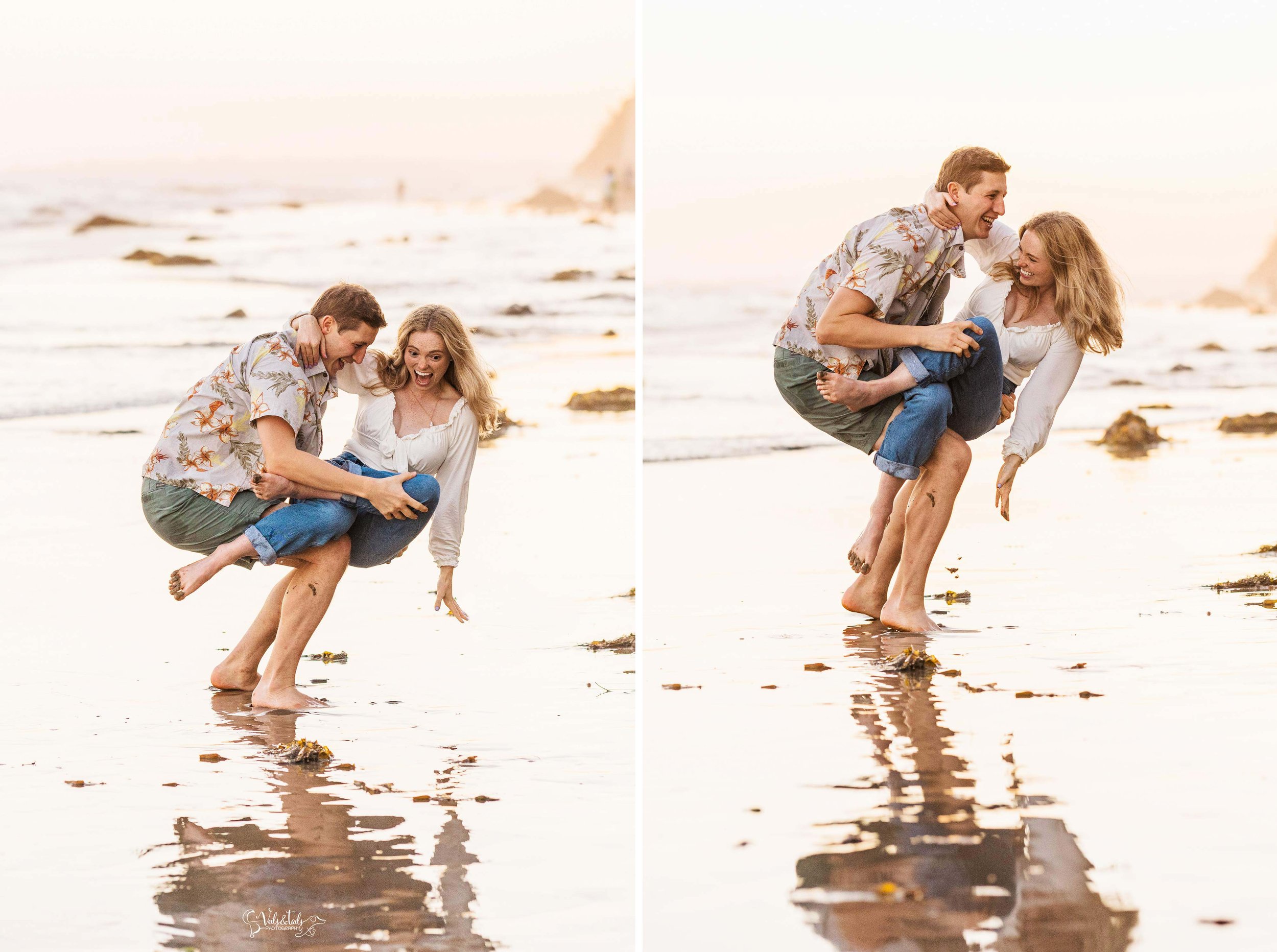Santa Barbara photographer, Hendry's beach sunset engagement session, candid funny moments