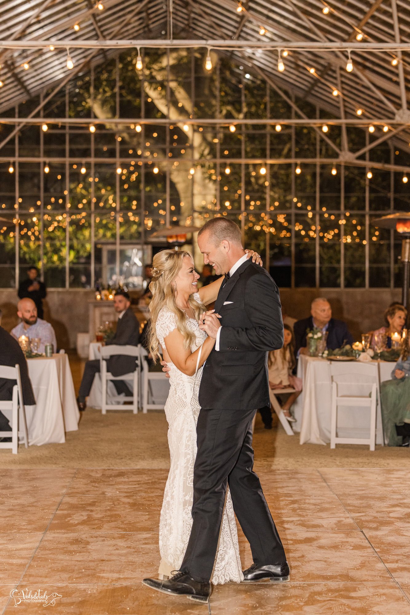 Dos Pueblos Orchid Farm Wedding - Santa Barbara Photographer  - night greenhouse reception twinkle lights dance