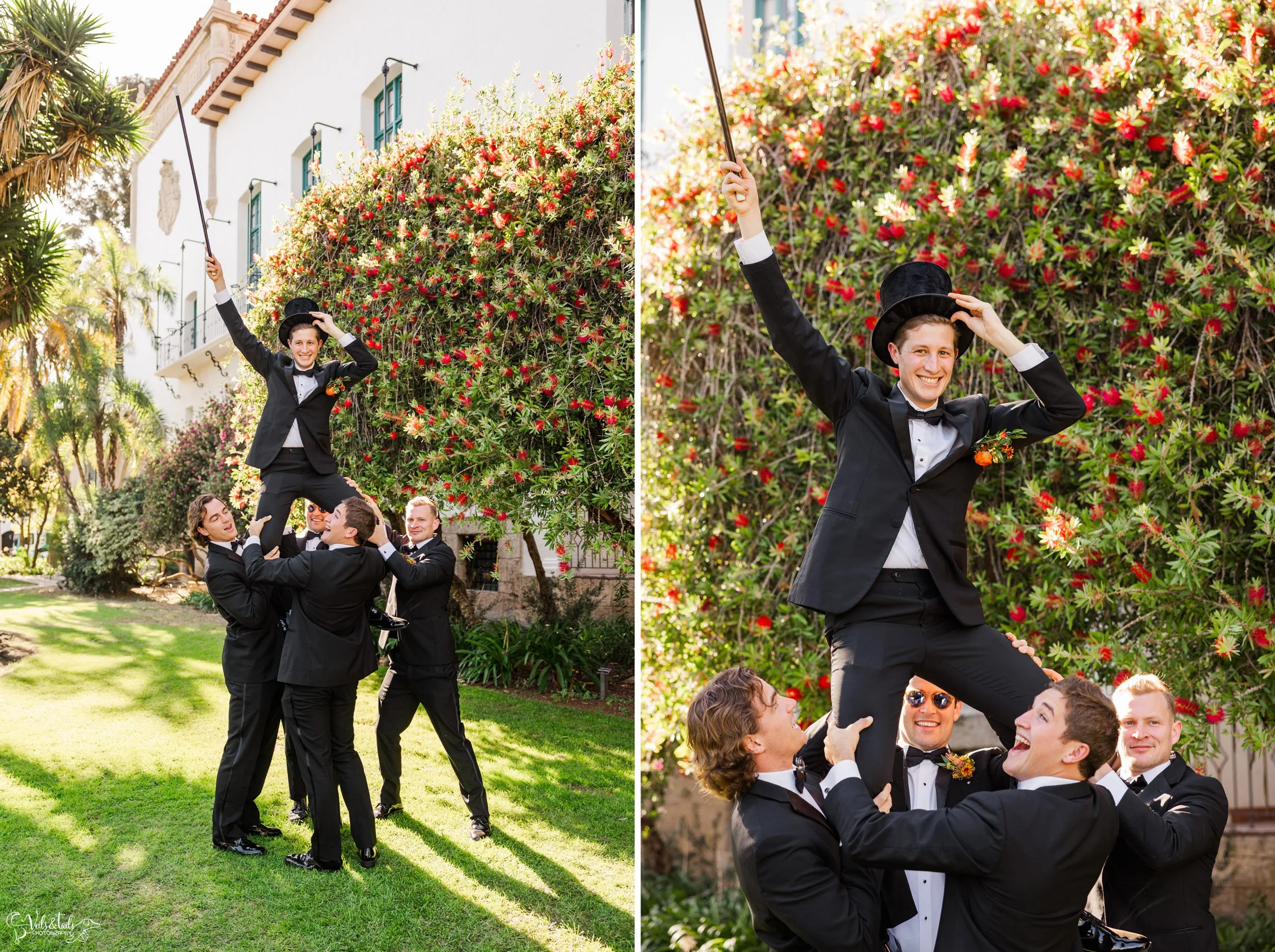 joyful Santa Barbara Wedding Photographer Courthouse groomsmen silly