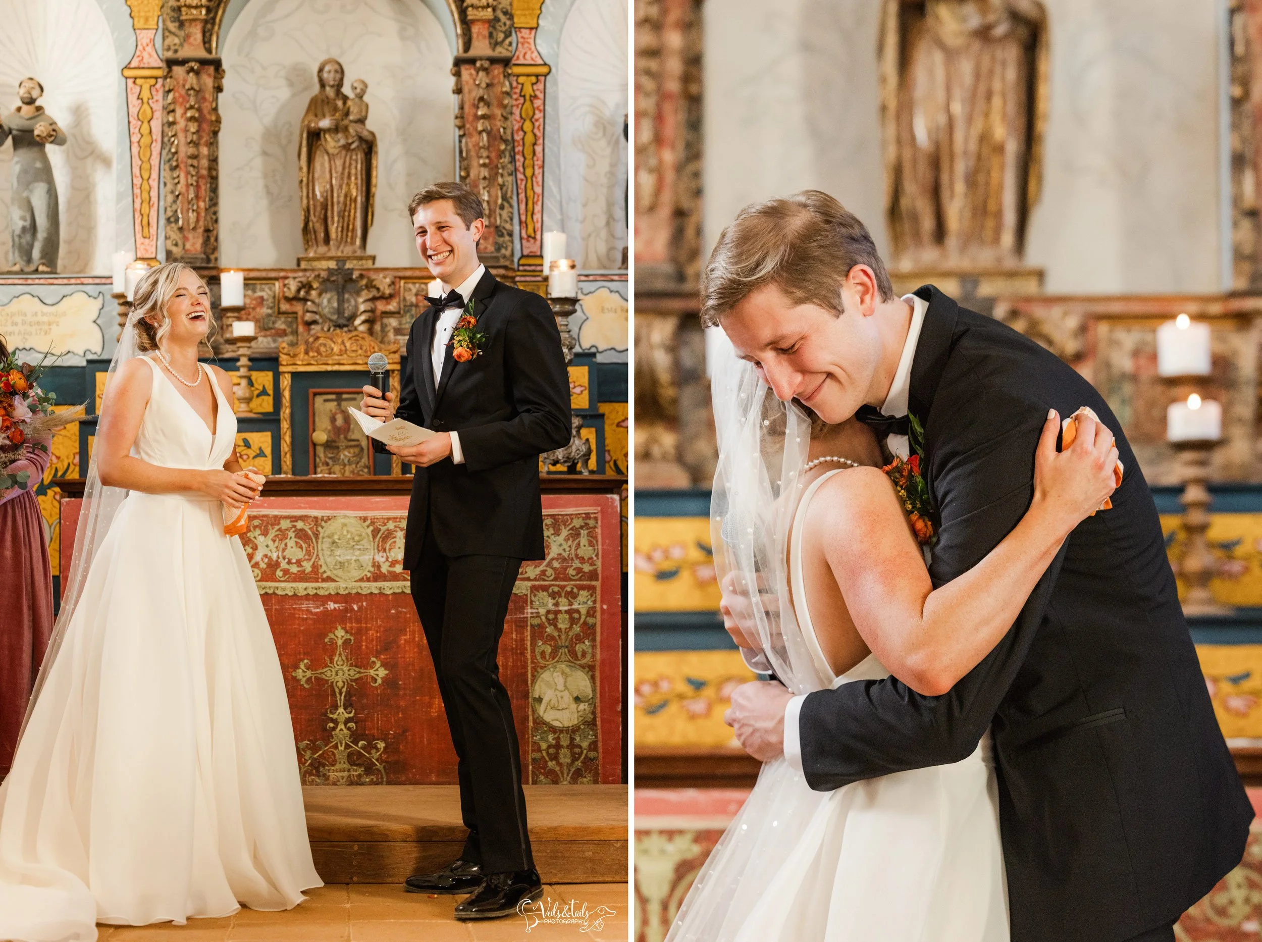 joyful Santa Barbara Presidio Wedding Photographer hug