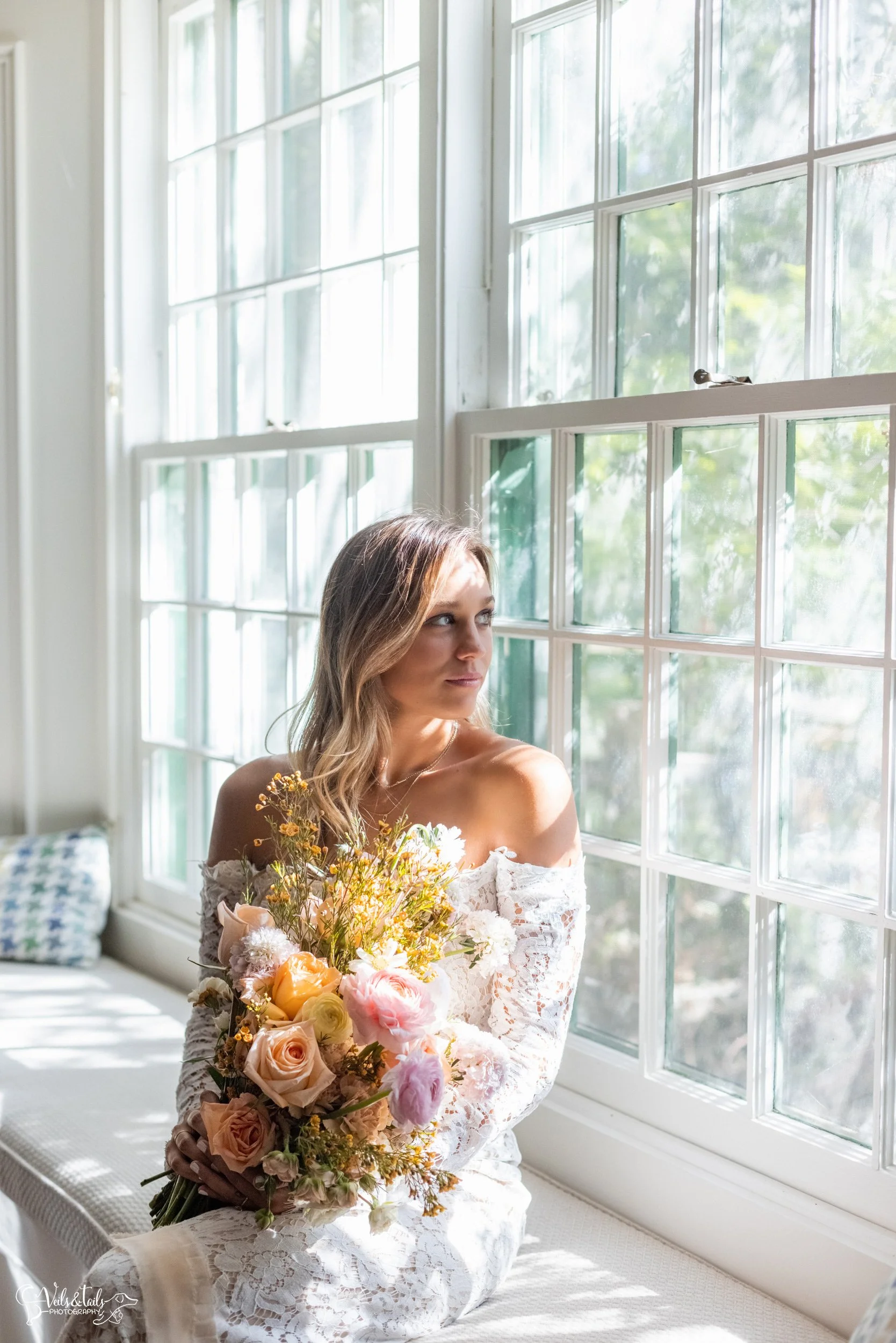 bridal portrait by window, Lieff Ranch venue details, wedding in Santa Ynez, Veils &amp; Tails Photography