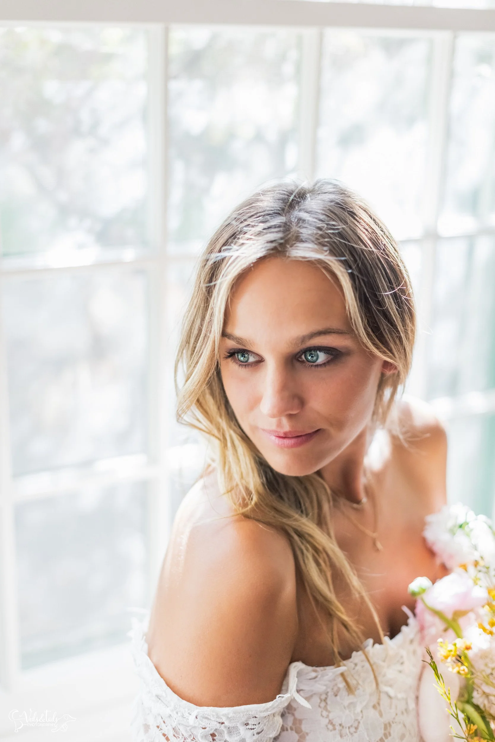 bridal portrait by window, Lieff Ranch venue details, wedding in Santa Ynez, Veils &amp; Tails Photography