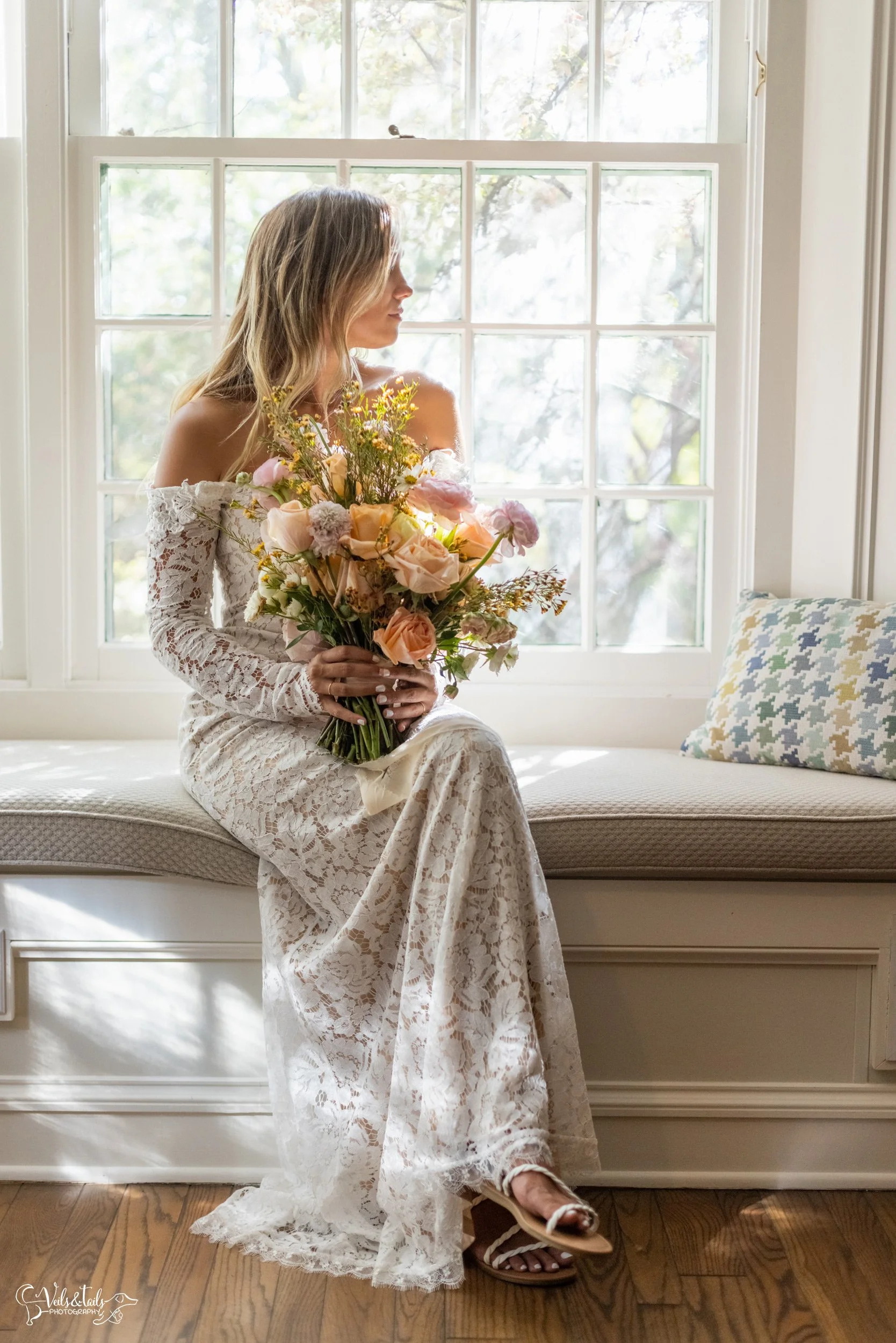 bridal portrait by window, Lieff Ranch venue details, wedding in Santa Ynez, Veils &amp; Tails Photography