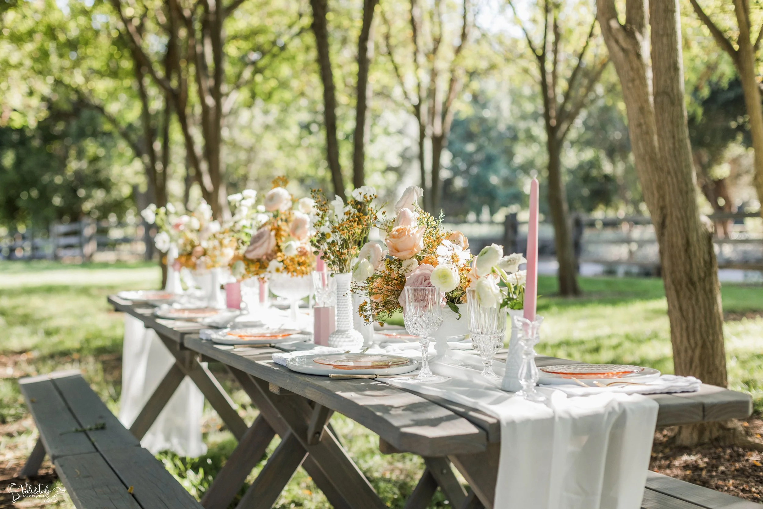 picnic wedding dinner setting, Lieff Ranch venue details, wedding in Santa Ynez, Veils &amp; Tails Photography