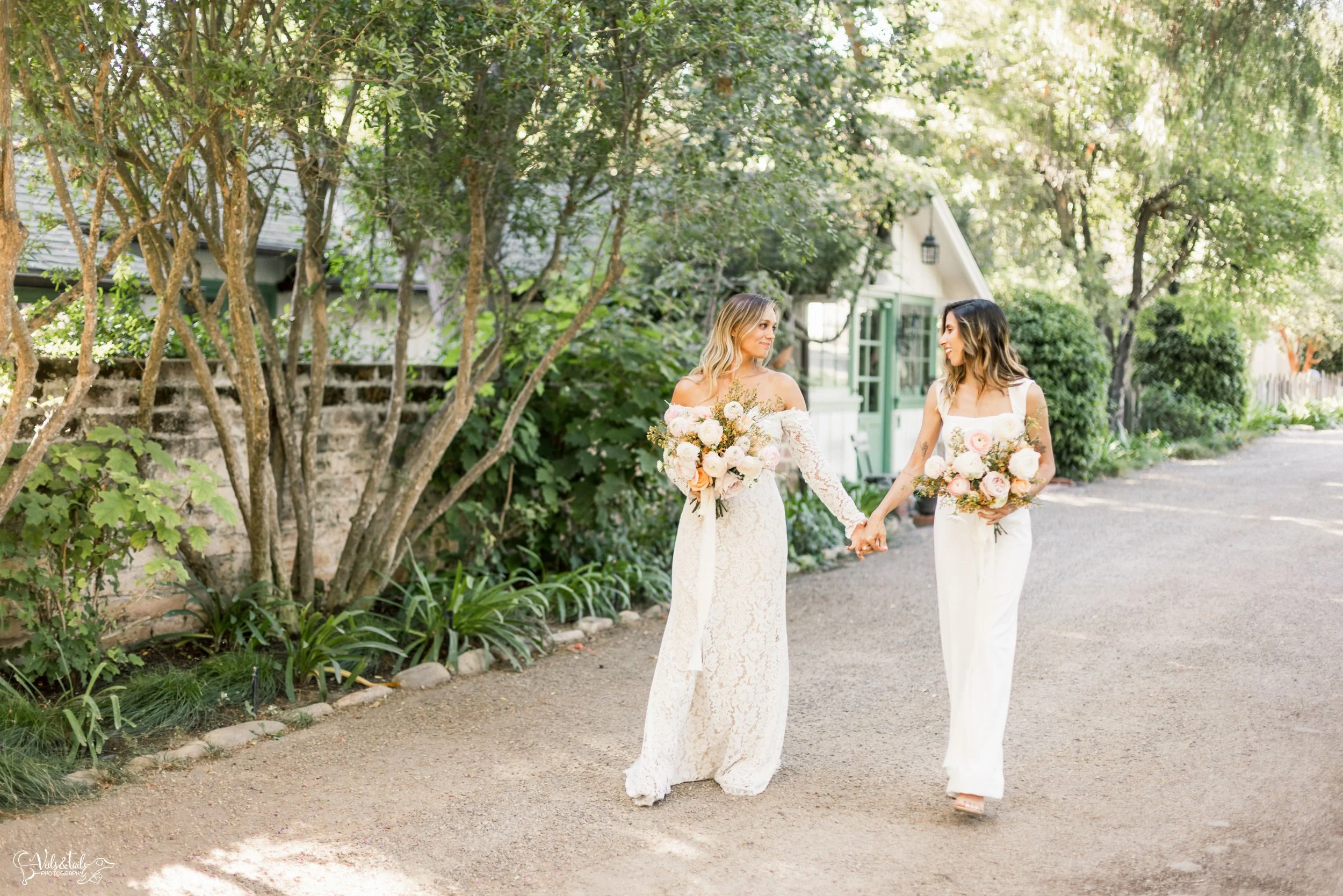 LGBTQ+ wedding; bridal portraits in the garden, Lieff Ranch venue details, wedding in Santa Ynez, Veils &amp; Tails Photography