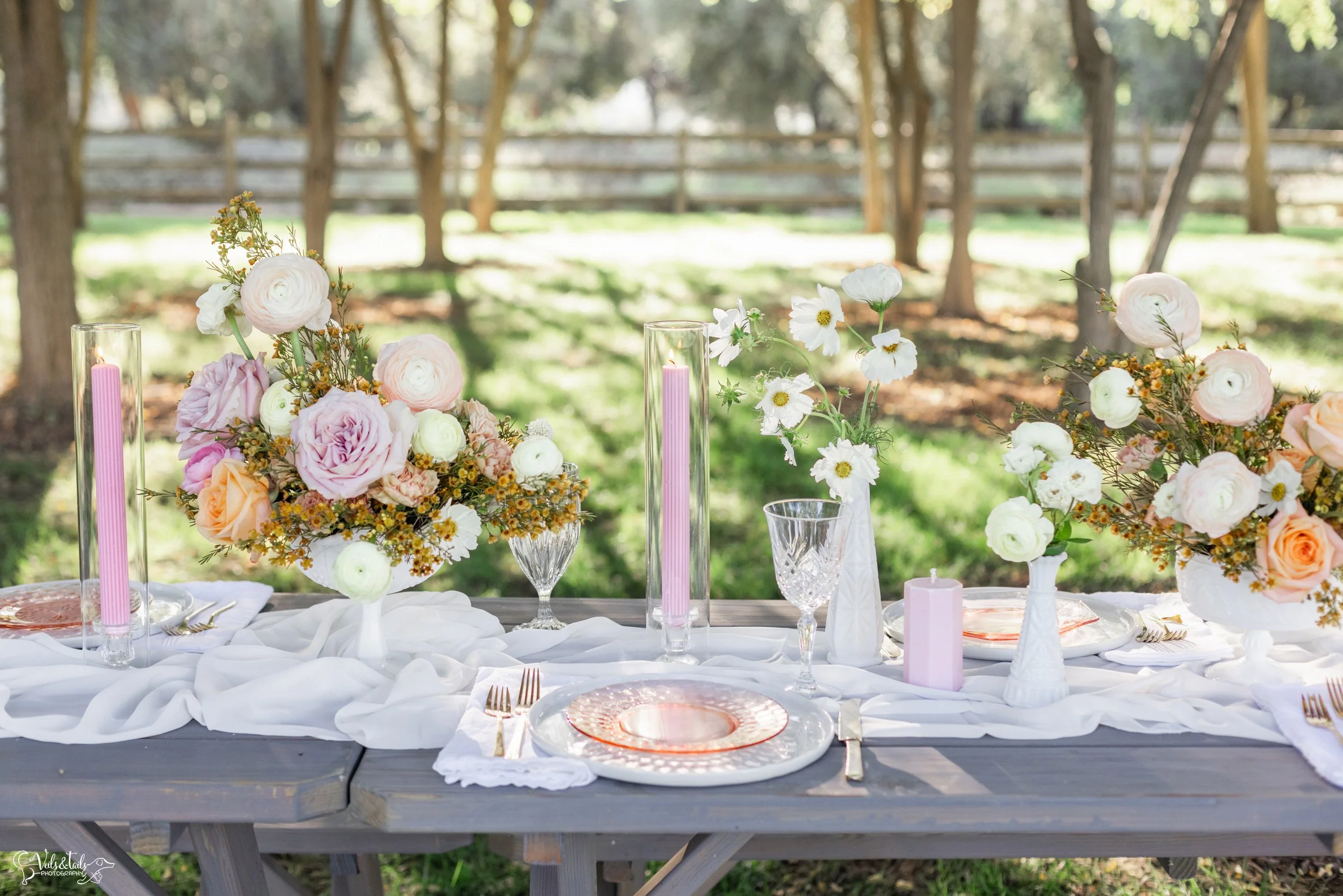 picnic wedding blush florals dinner setting, Lieff Ranch venue details, wedding in Santa Ynez, Veils &amp; Tails Photography