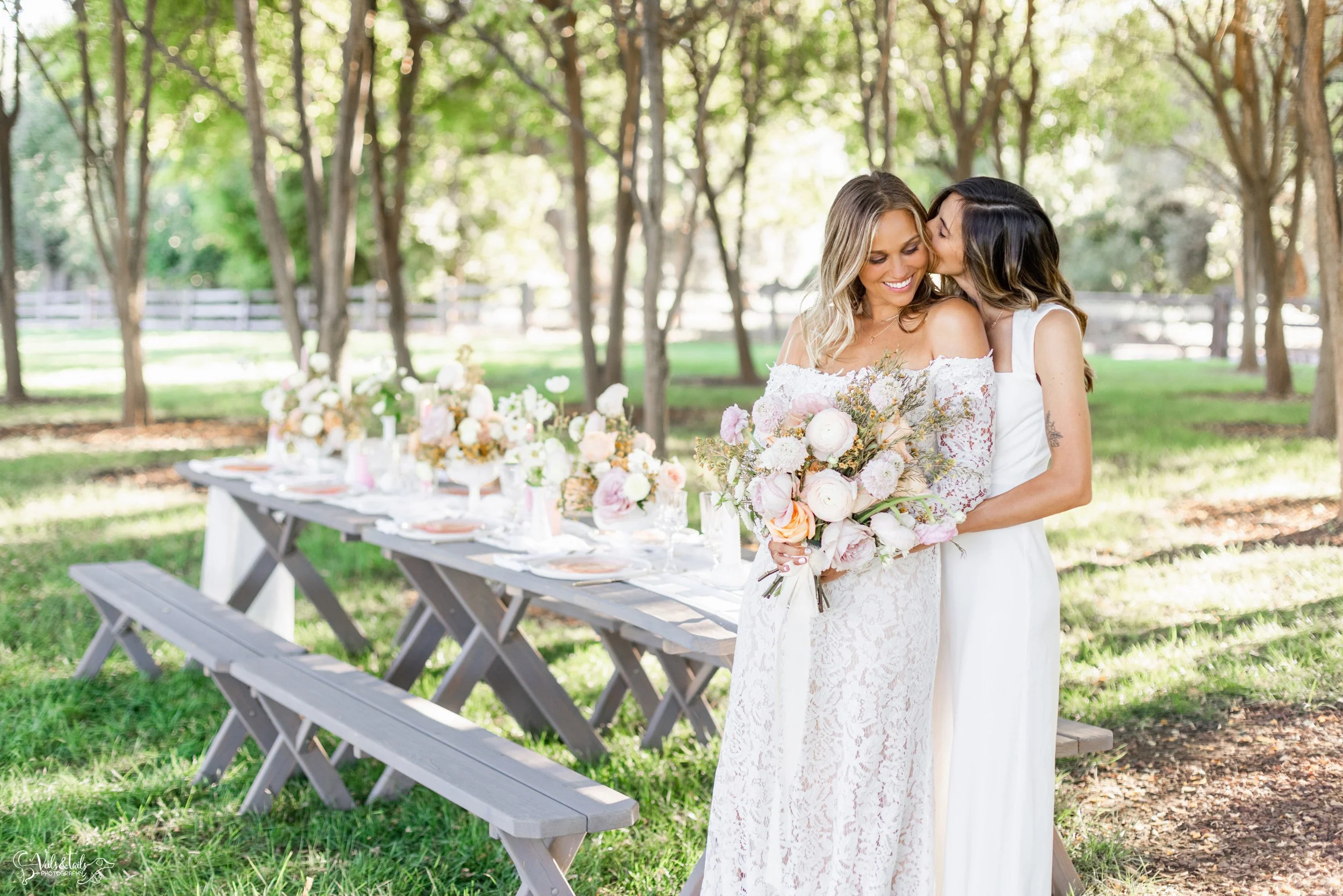 LGBTQ+ wedding photography; picnic dinner setting bridal portraits, Lieff Ranch in Santa Ynez, Veils &amp; Tails Photography