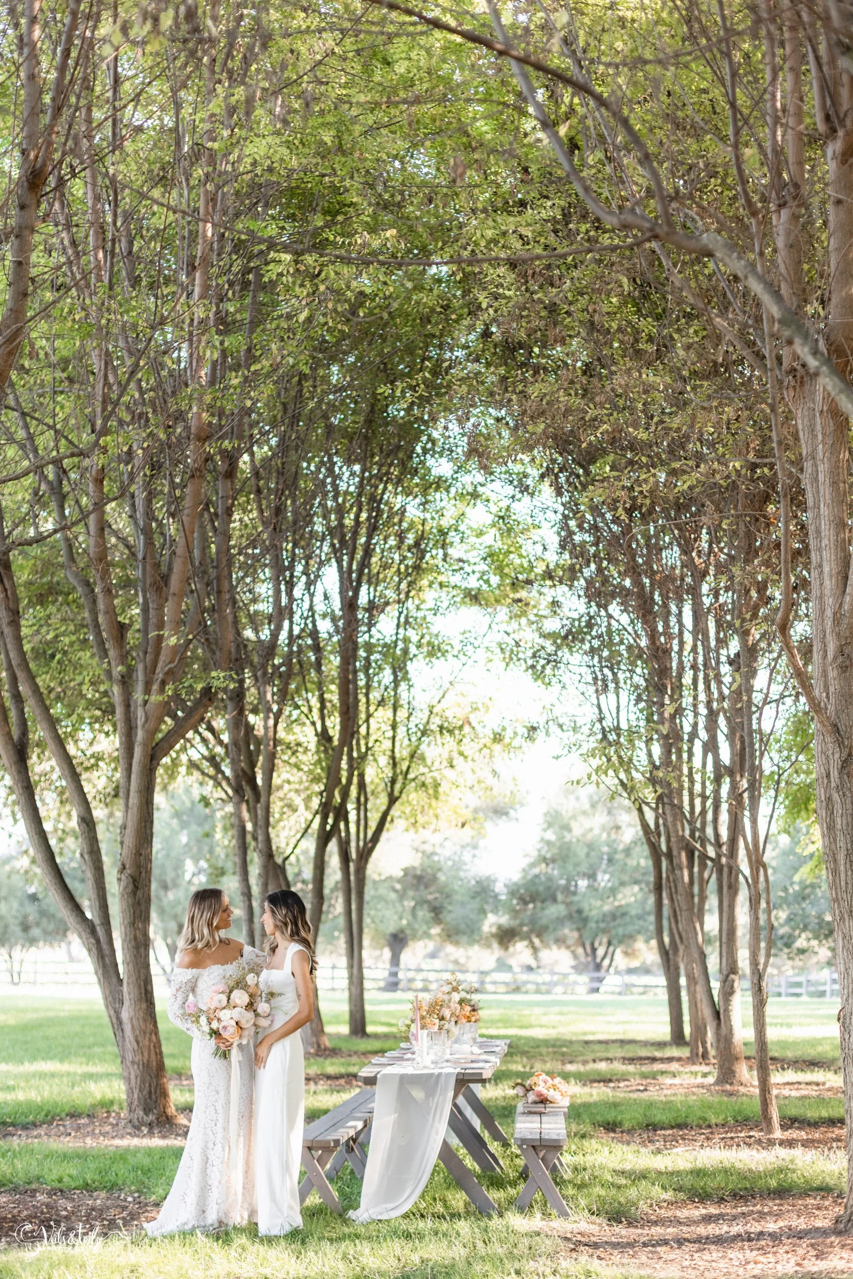 LGBTQ+ wedding photography; picnic dinner setting bridal portraits, Lieff Ranch in Santa Ynez, Veils &amp; Tails Photography