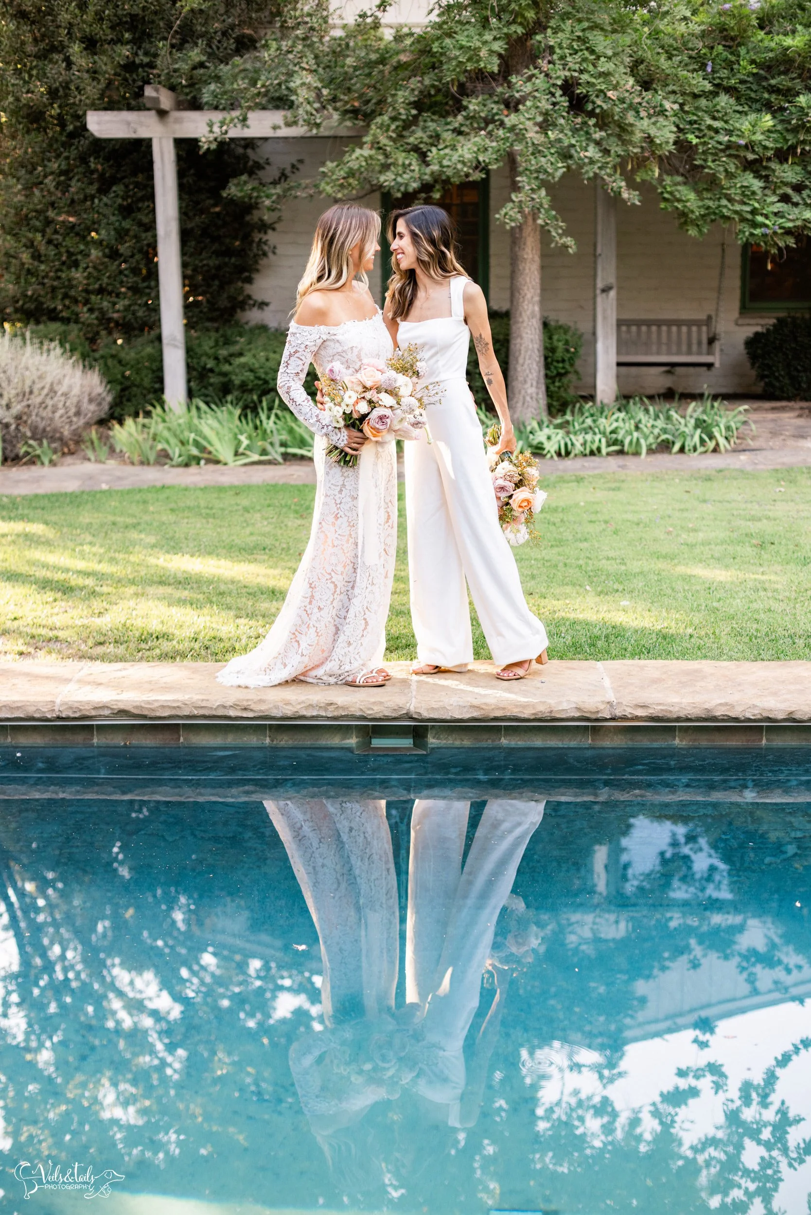 LGBTQ+ wedding photography; bridal portraits by swimming pool, Lieff Ranch in Santa Ynez, Veils &amp; Tails Photography