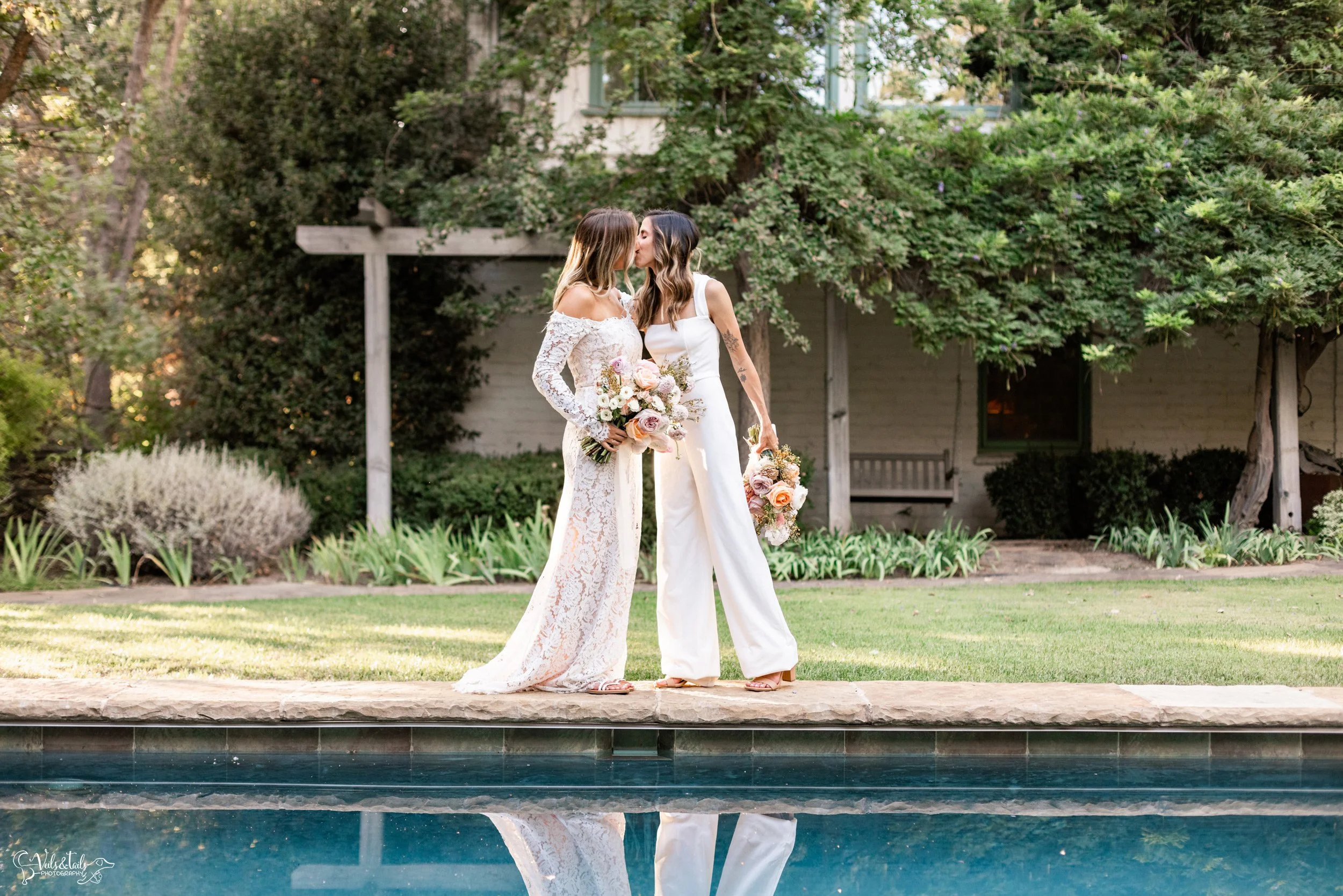 LGBTQ+ wedding photography; bridal portraits by swimming pool, Lieff Ranch in Santa Ynez, Veils &amp; Tails Photography