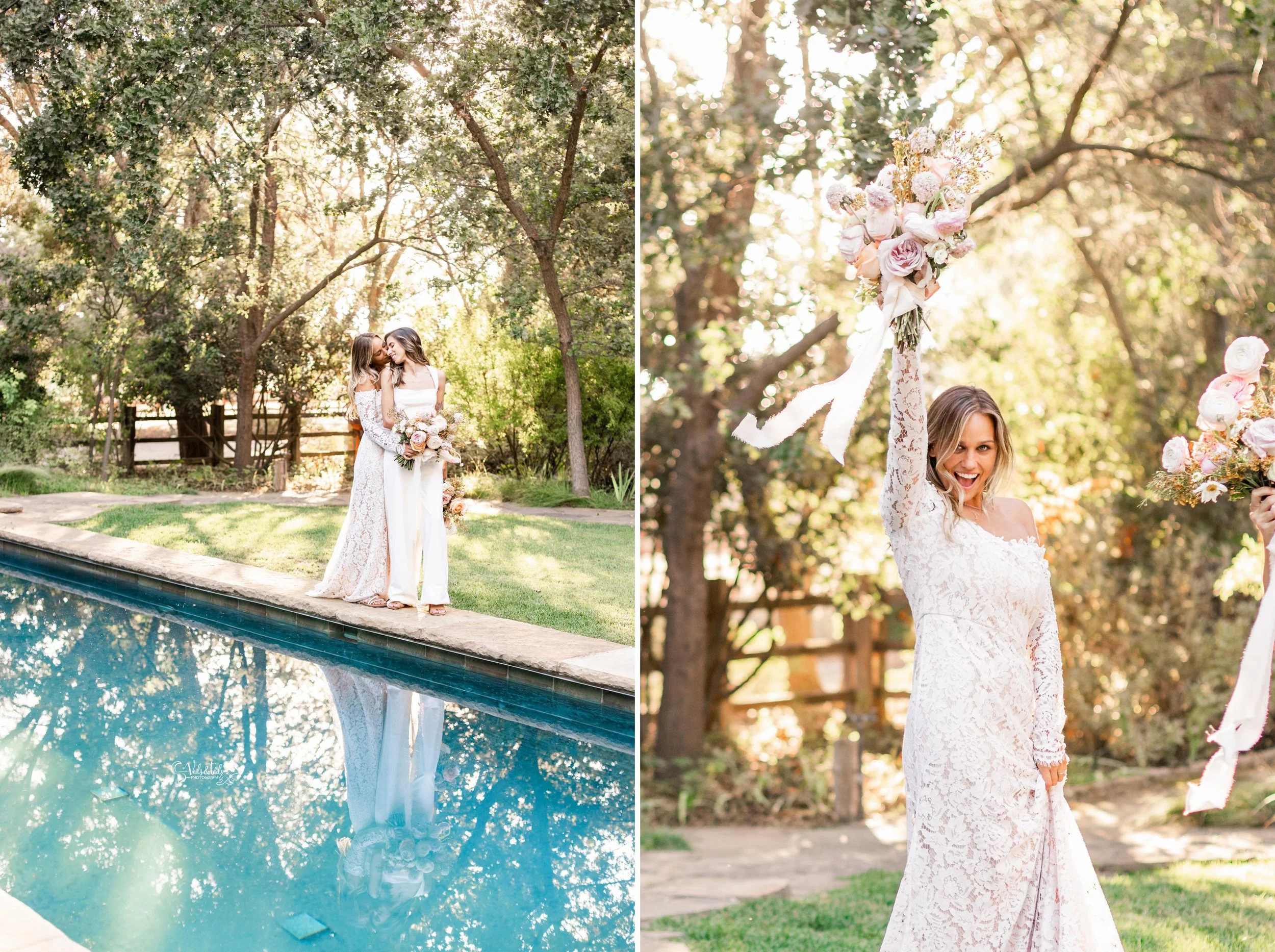 LGBTQ+ wedding photography; candid bridal portraits by swimming pool, Lieff Ranch in Santa Ynez, Veils &amp; Tails Photography