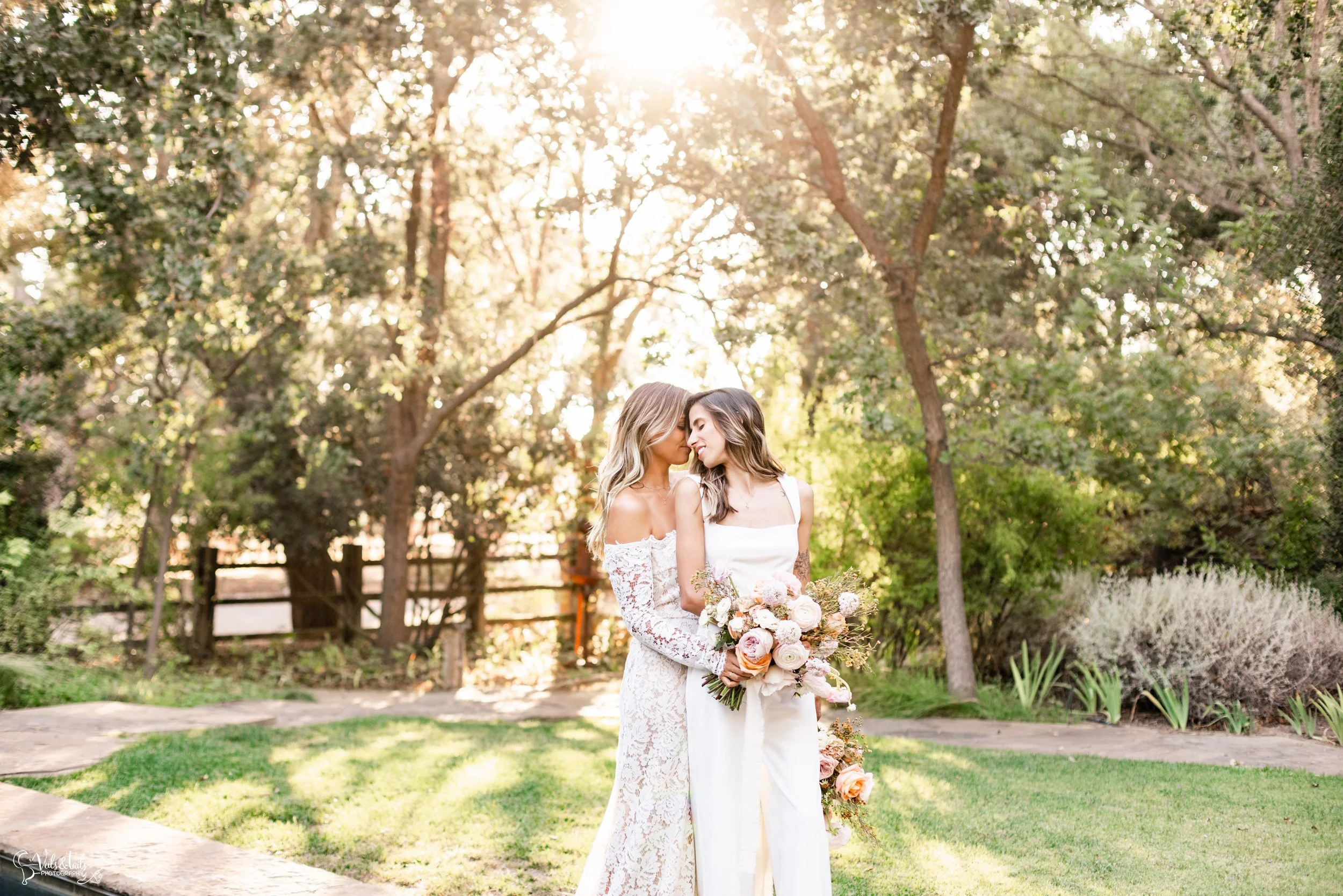 LGBTQ+ wedding photography; romantic bridal portraits by swimming pool, Lieff Ranch in Santa Ynez, Veils &amp; Tails Photography
