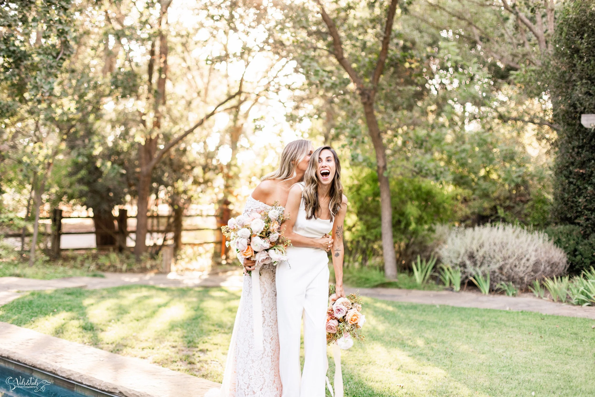 LGBTQ+ wedding photography; fun bridal portraits by swimming pool, Lieff Ranch in Santa Ynez, Veils &amp; Tails Photography