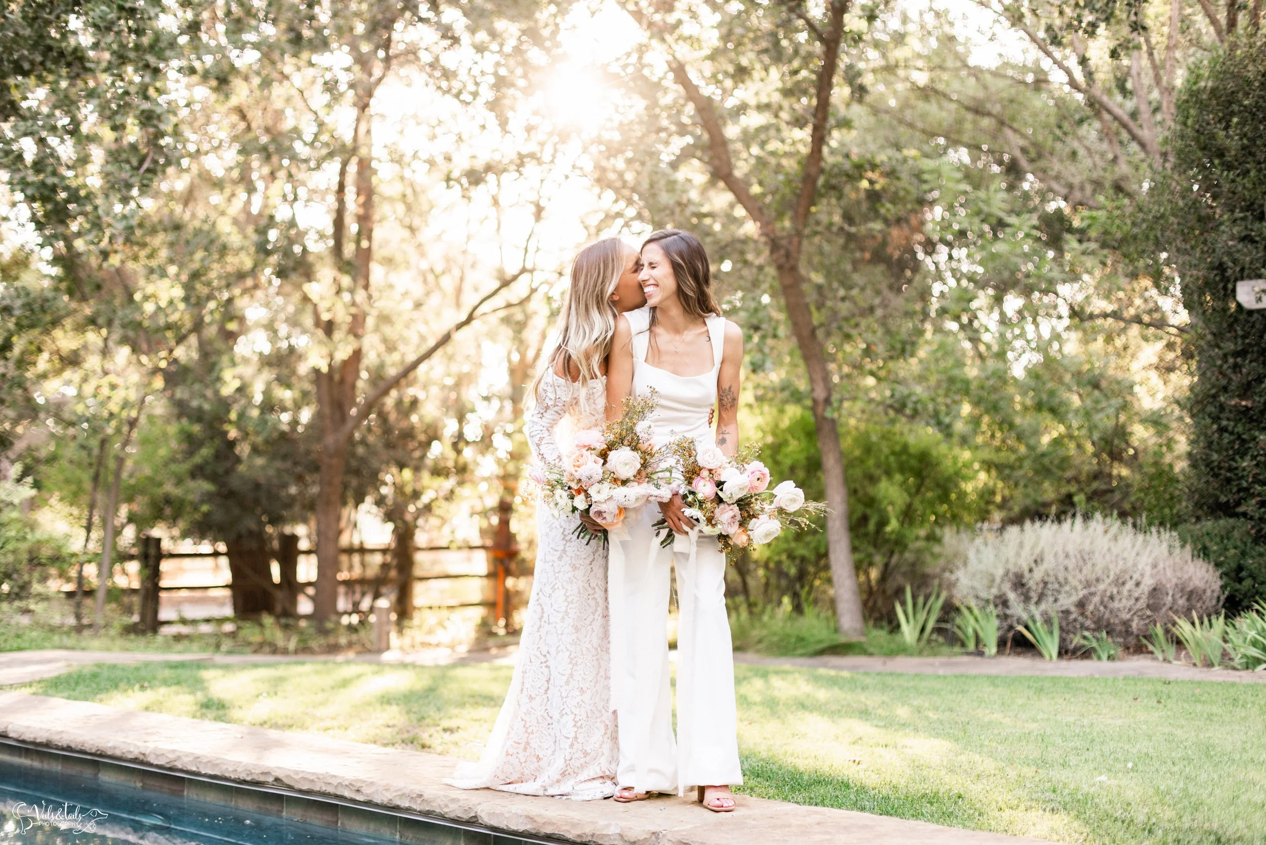 LGBTQ+ wedding photography; affordable bridal portraits by swimming pool, Lieff Ranch in Santa Ynez, Veils &amp; Tails Photography