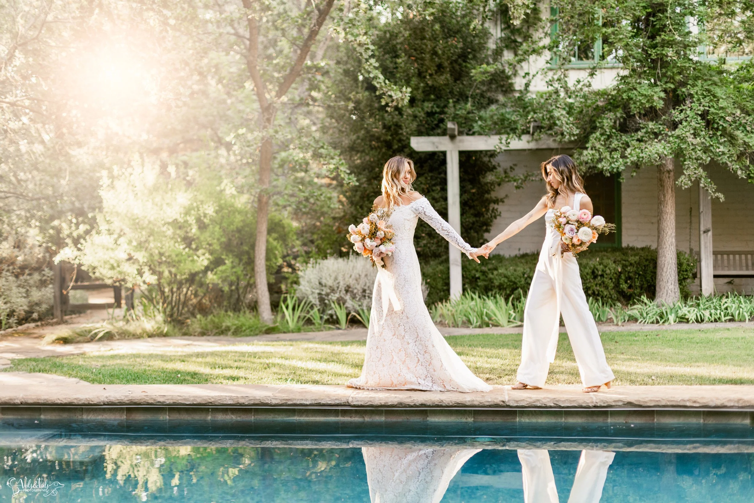 LGBTQ+ wedding photography; bridal portraits by swimming pool, Lieff Ranch in Santa Ynez, Veils &amp; Tails Photography