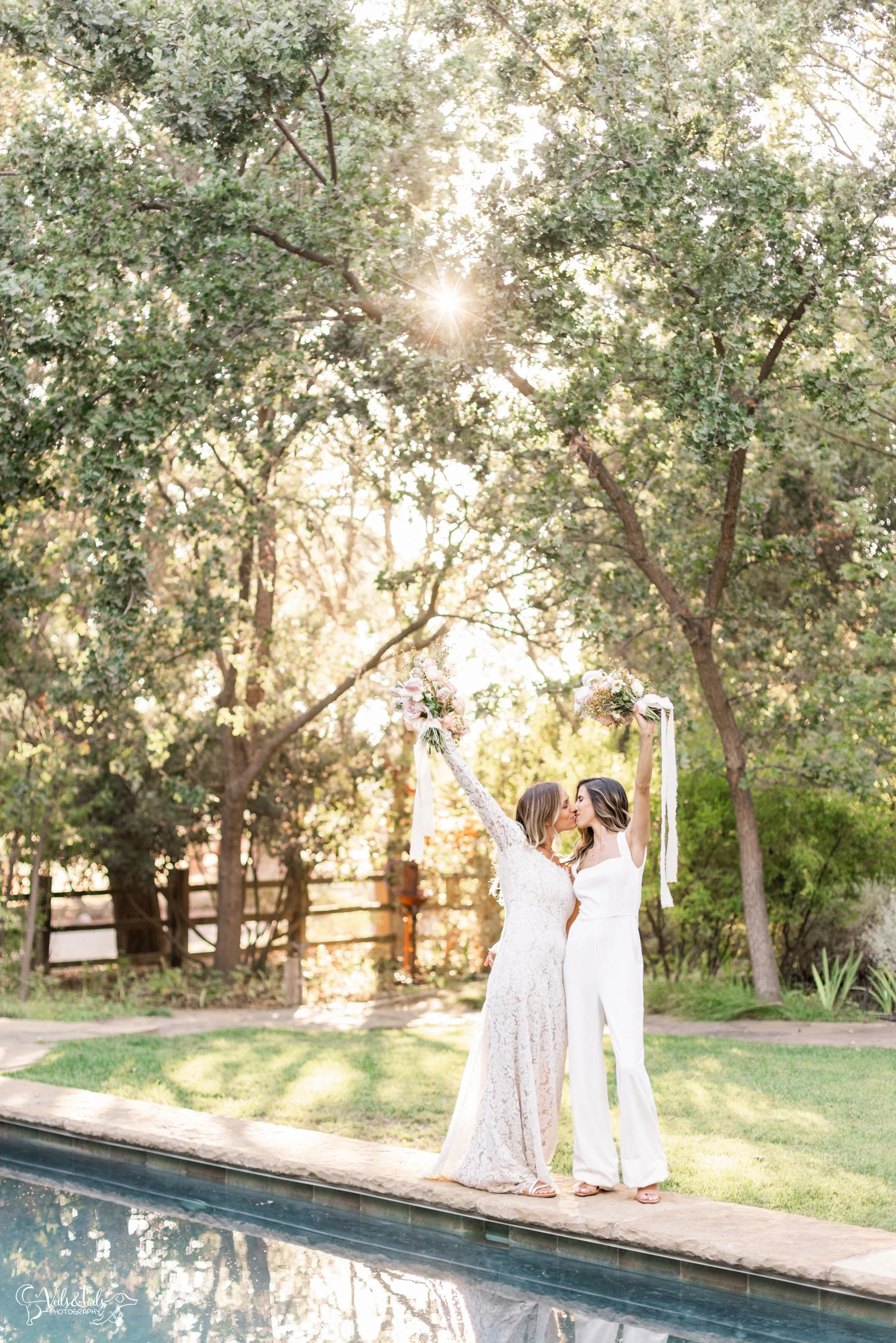 LGBTQ+ wedding photography; bridal portraits by swimming pool, Lieff Ranch in Santa Ynez, Veils &amp; Tails Photography