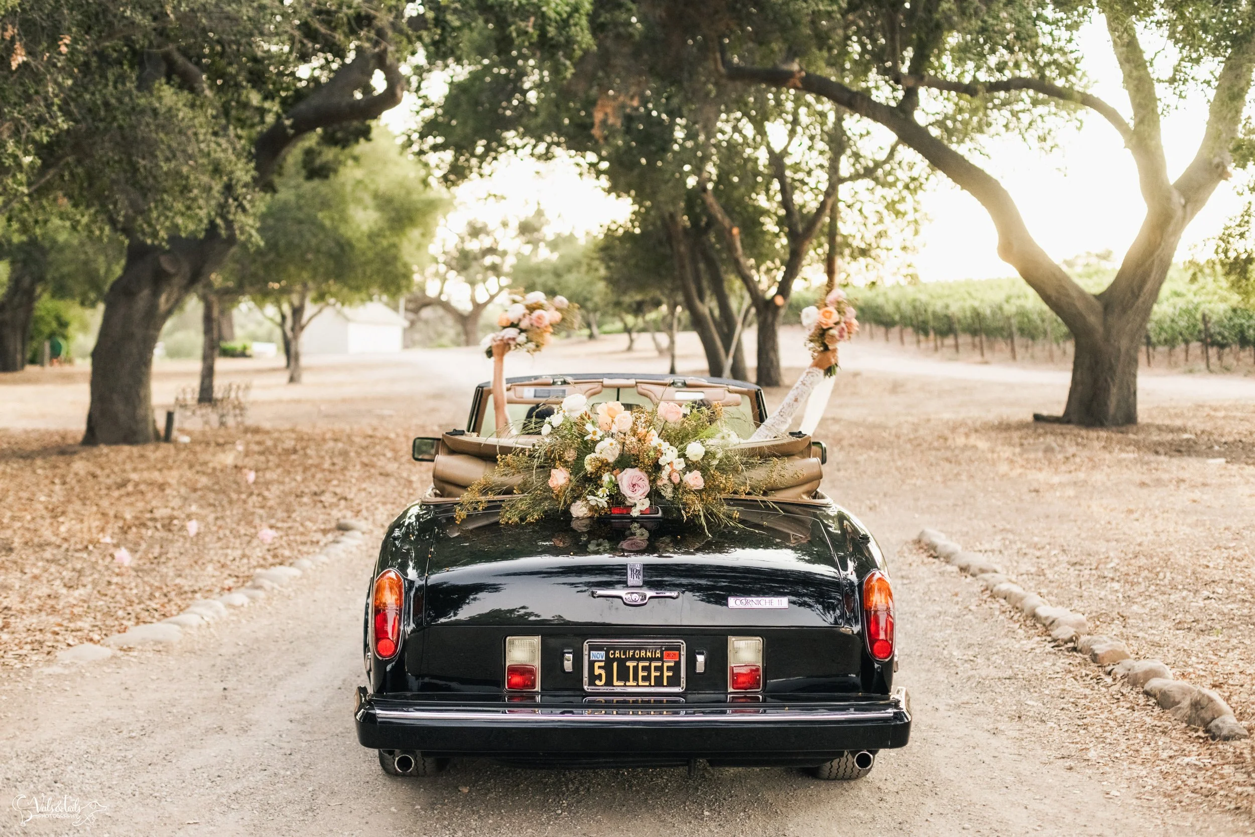 LGBTQ+ elopement photography; vintage car wedding at Lieff Ranch in Santa Ynez, Santa Barbara, Veils &amp; Tails Photography