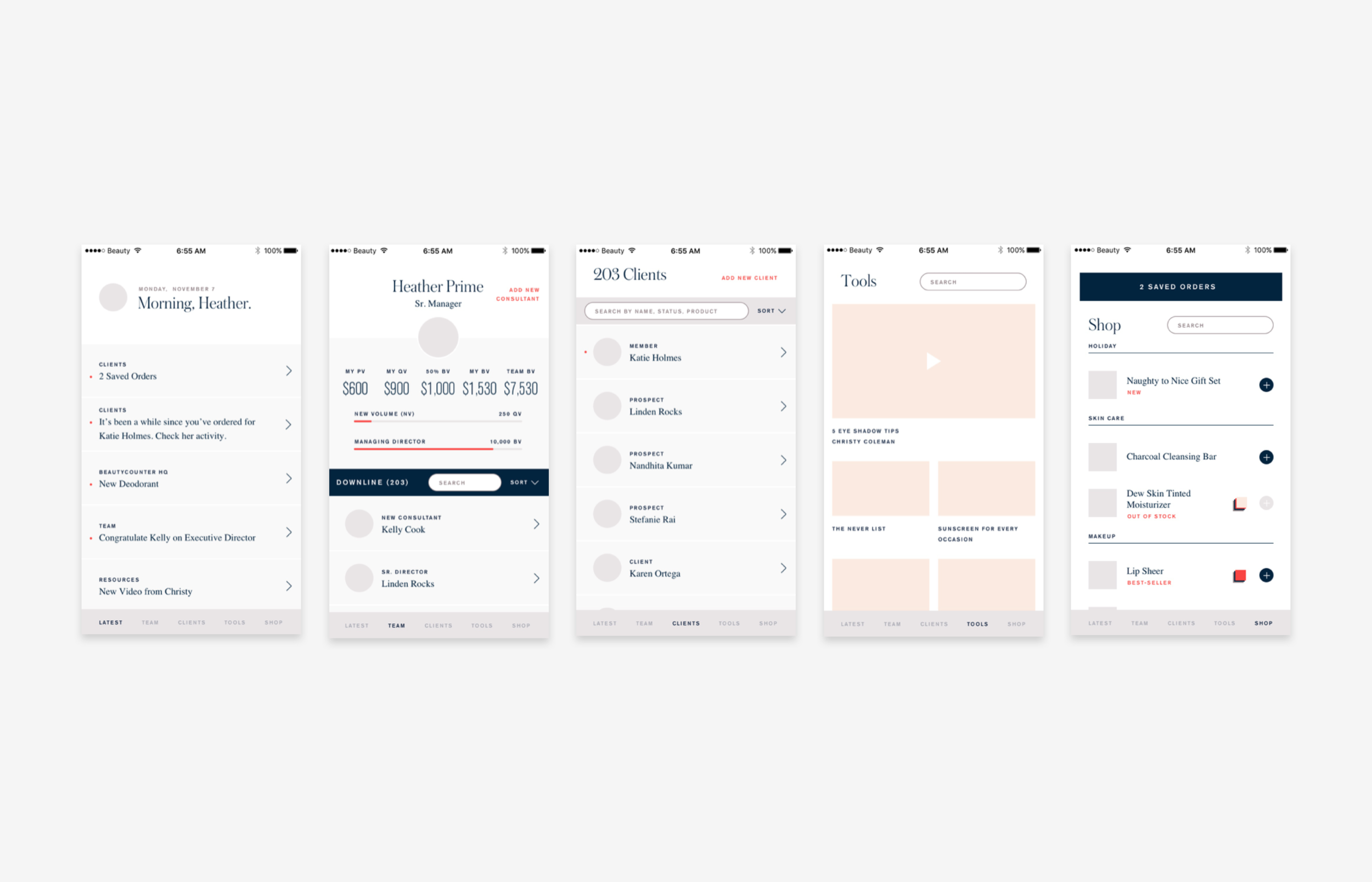These future vision wireframes outline the ideal state app. Using the main themes and features that came up in affinity mapping we developed 5 tabs. 