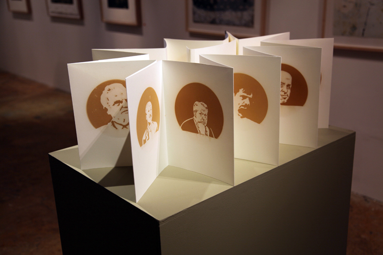 $ick Men , incense smoke oil on paper, 2013. Accordion fold book depicting various white collar financial criminals.