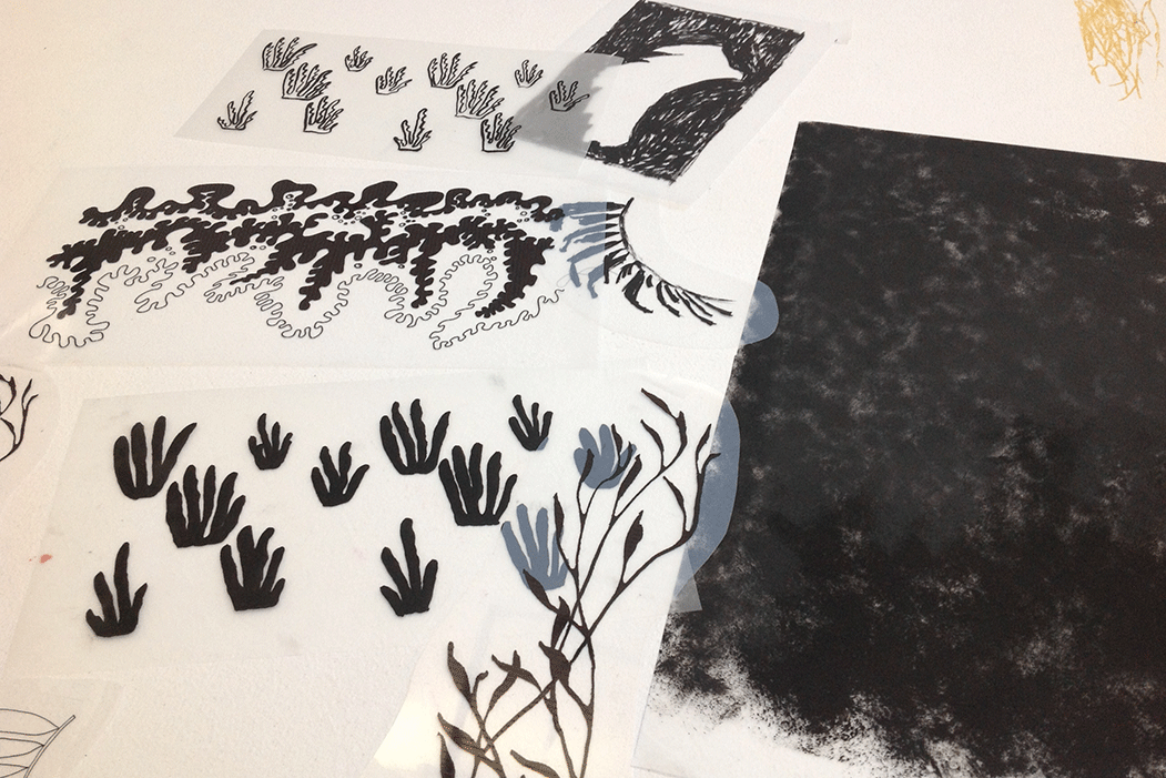 My images on transparencies, waiting to be burned onto screens for printing.